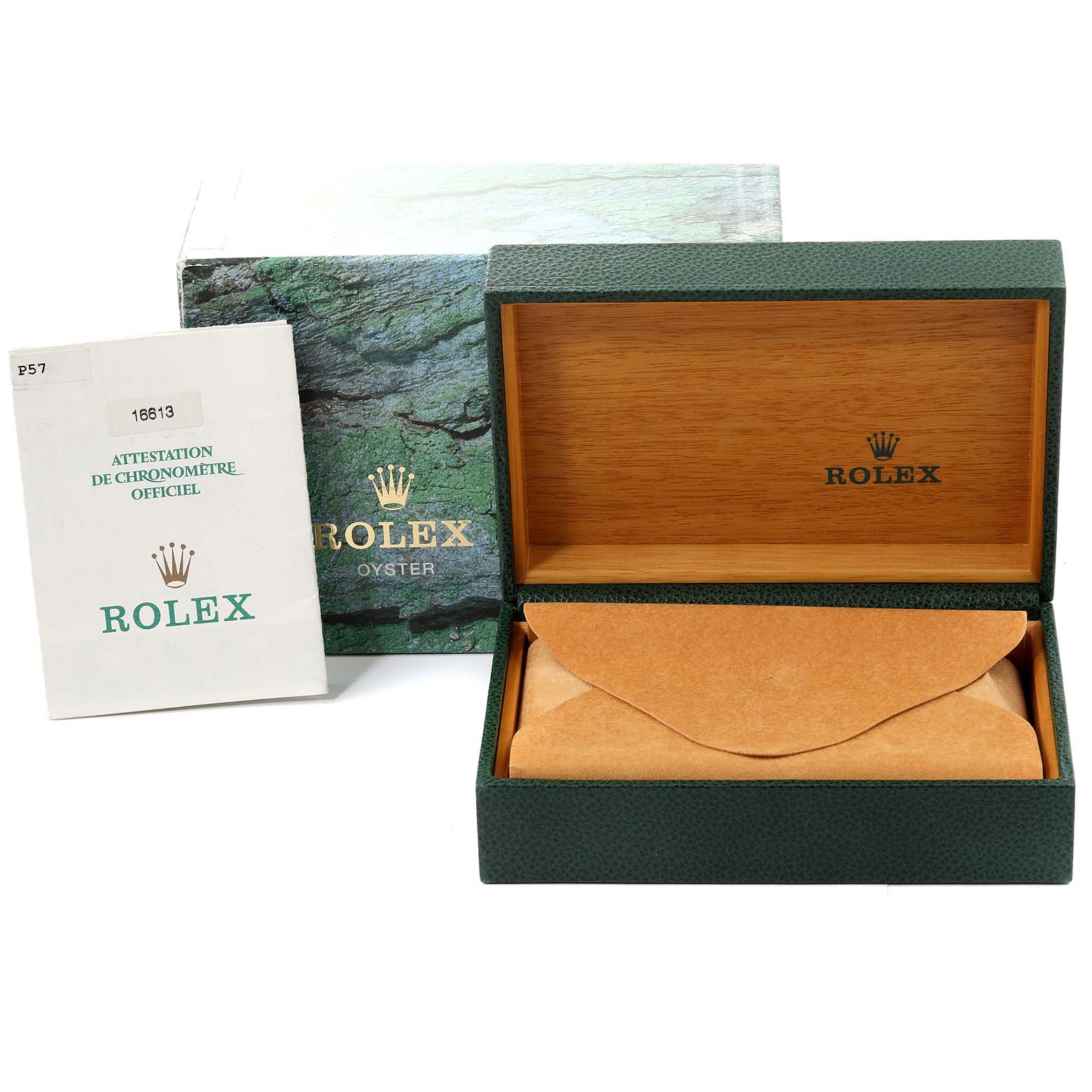 The image shows the box, sleeve, and certification paper for a Rolex Submariner 16613 Men's Steel and Gold (two tone) Blue Dial 16613 Men's Steel and Gold (two tone) Blue Dial.
