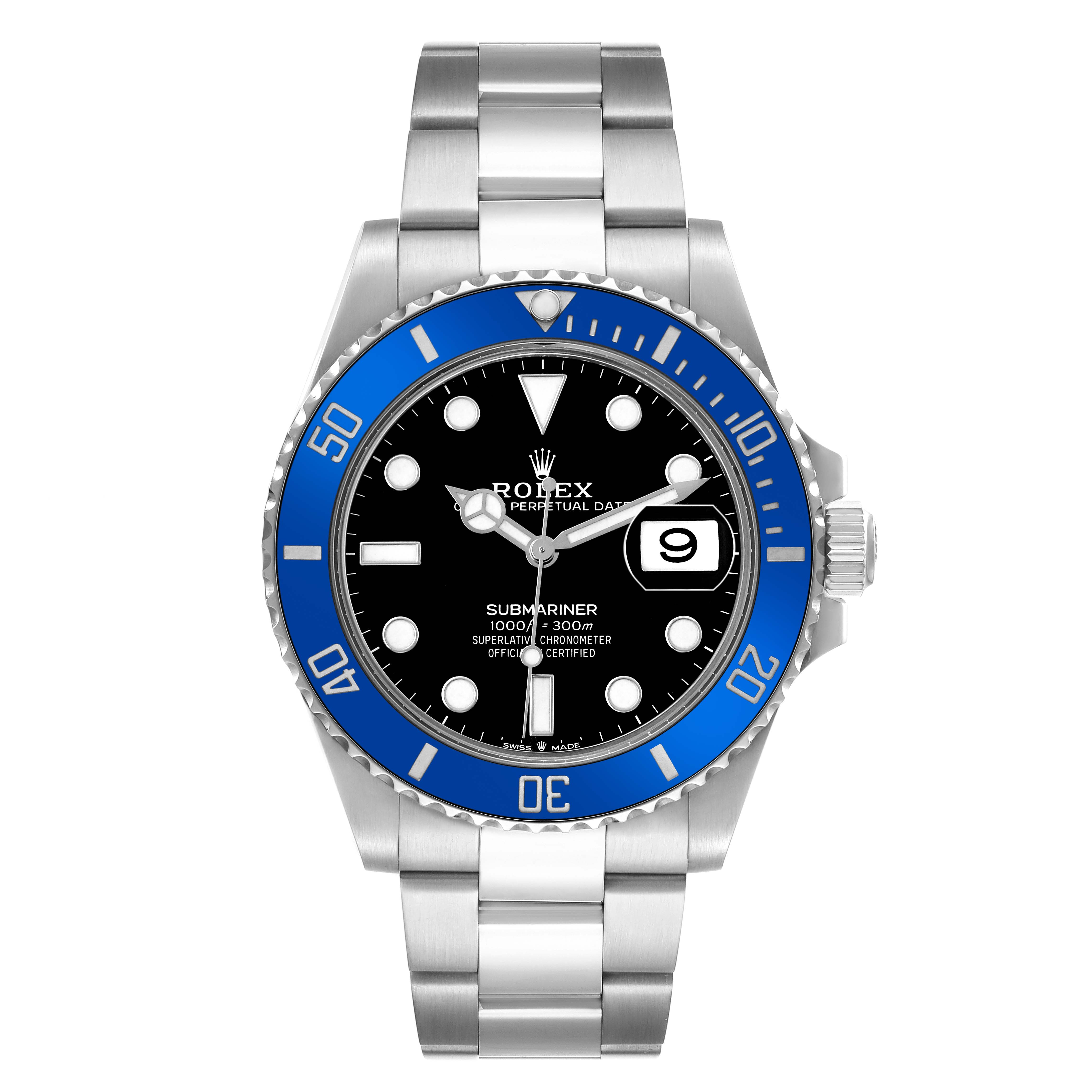 The Rolex Submariner 126619 Men's White Gold Black Dial watch is shown from a top-down angle, highlighting the blue bezel, black dial, and metal bracelet.