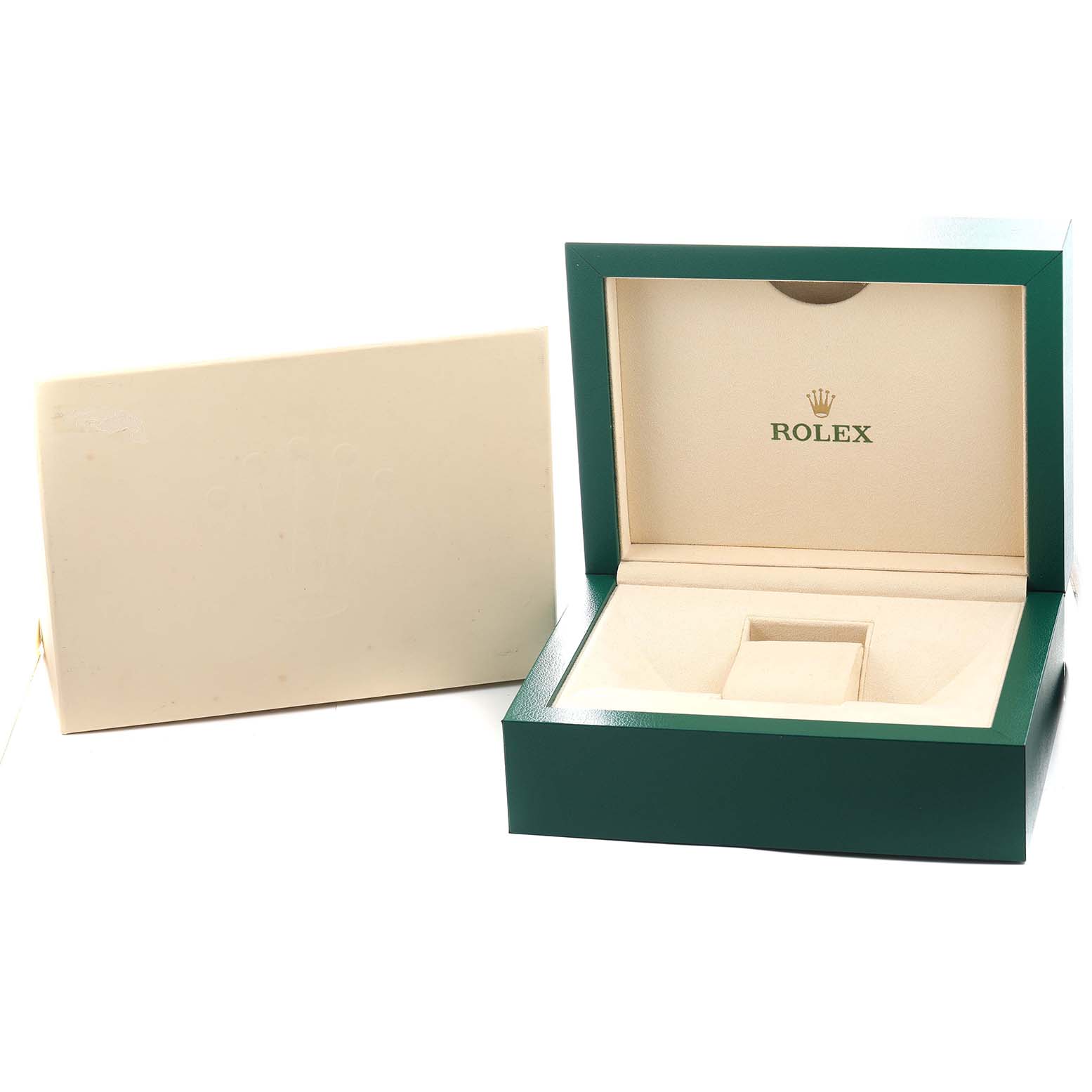 The image shows the open watch box for a Rolex Submariner 126619 Men's White Gold Black Dial, featuring a green outer box and a cream interior with the Rolex logo.