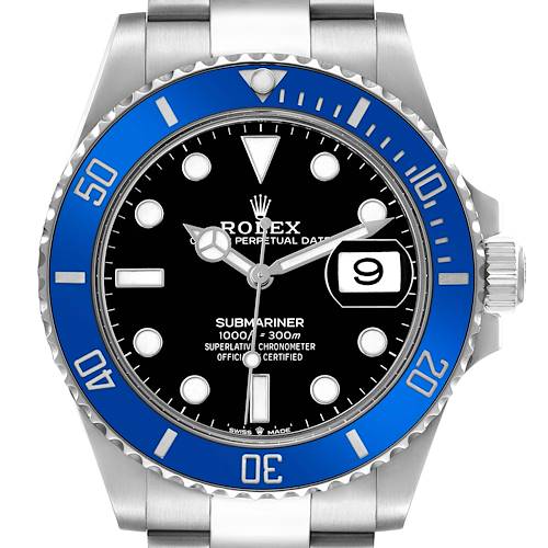 The Rolex Submariner 126619 Men's White Gold Black Dial watch is shown from a top-down angle, highlighting the face, bezel, and part of the bracelet.