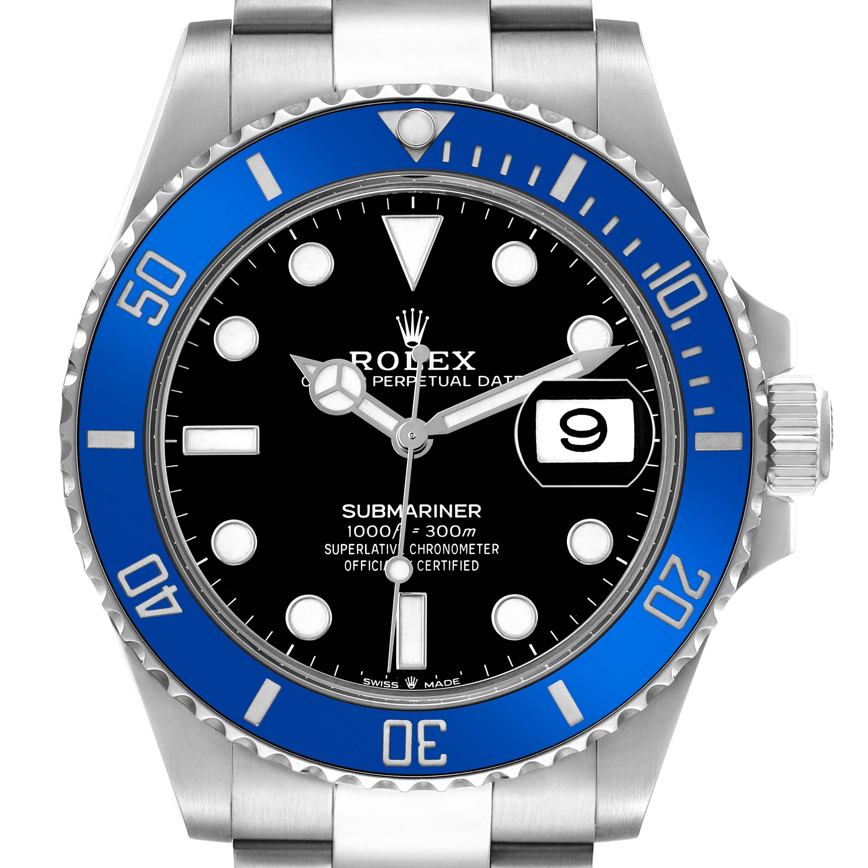 The image shows a front view of the Rolex Submariner 126619 Men's White Gold Black Dial watch, highlighting the bezel, dial, and crown.