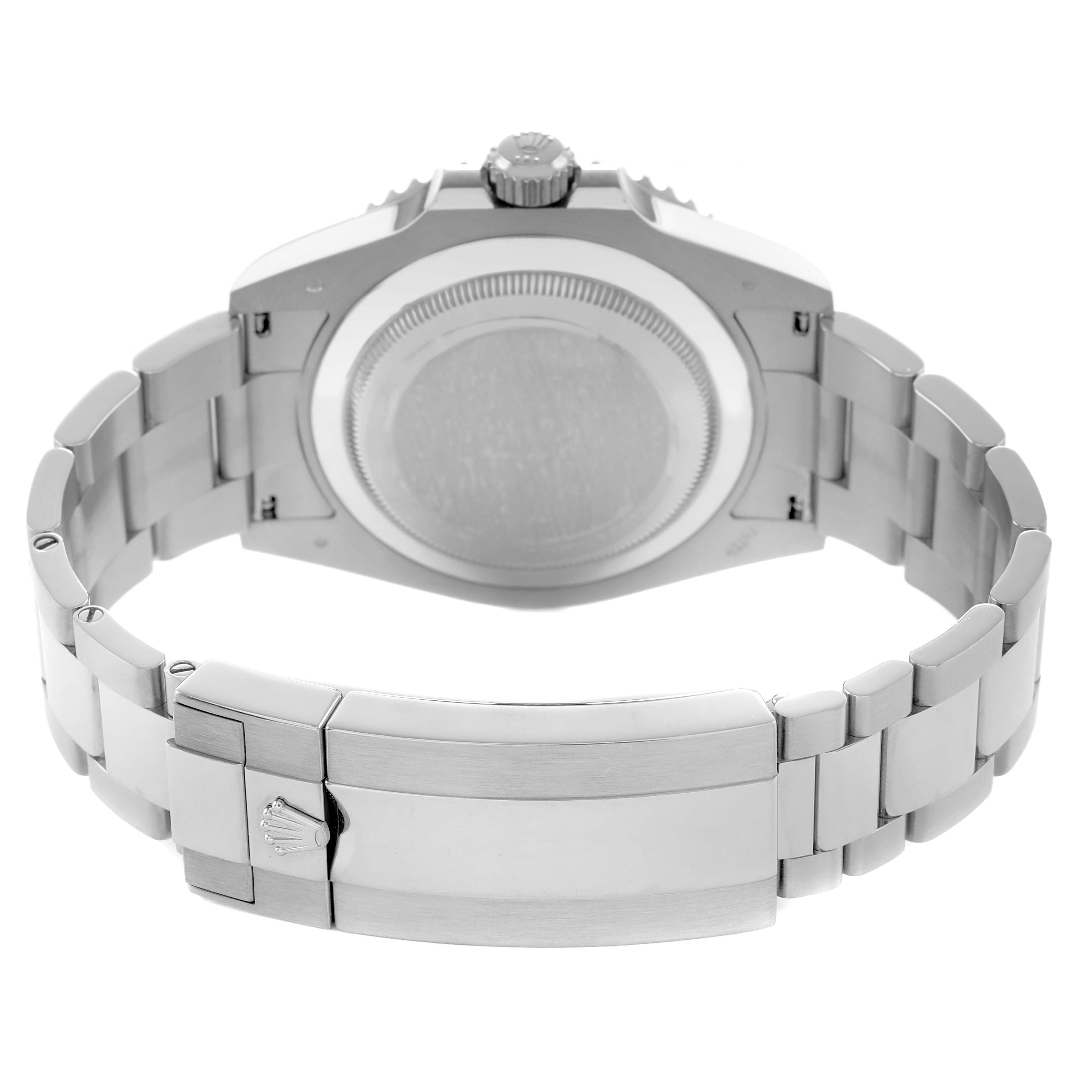 The image shows the back view of a Rolex Submariner 126619 Men's White Gold Black Dial watch, displaying the case back, bracelet, and clasp.