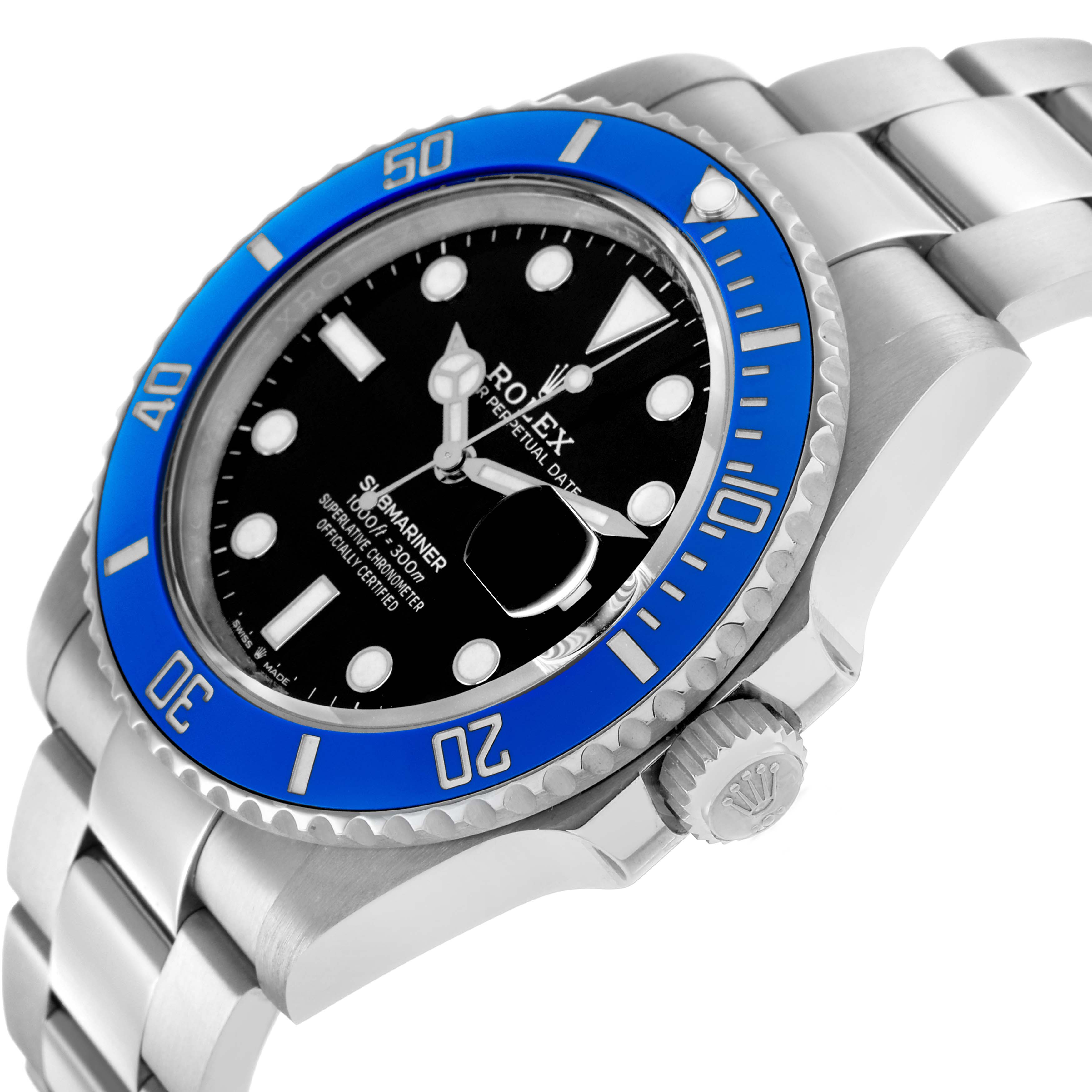 The Rolex Submariner 126619 Men's White Gold Black Dial watch is shown at an angled side view, highlighting the blue bezel, dial, crown, and part of the bracelet.