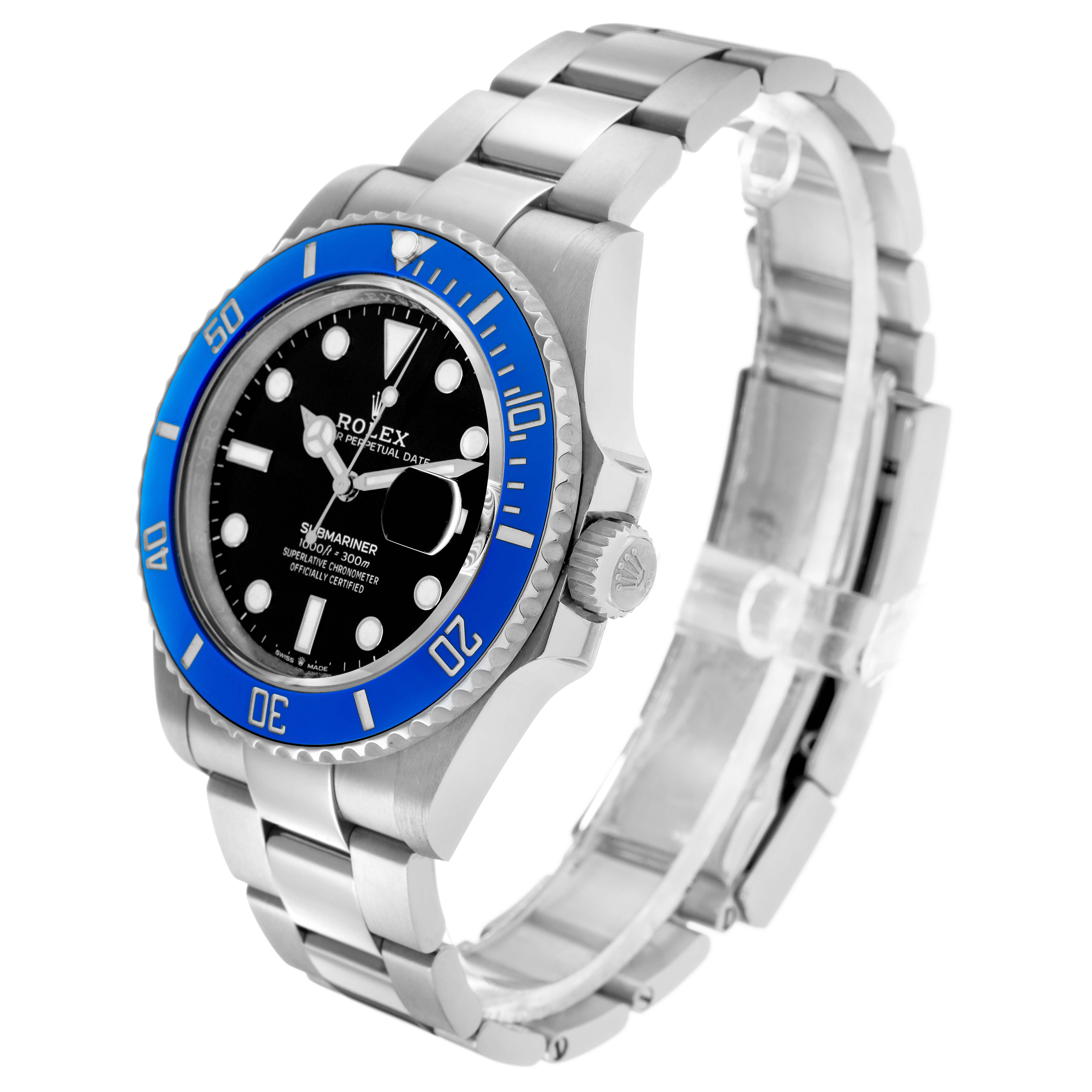 The Rolex Submariner 126619 Men's White Gold Black Dial is shown at a three-quarter angle, displaying the bezel, dial, crown, and bracelet.