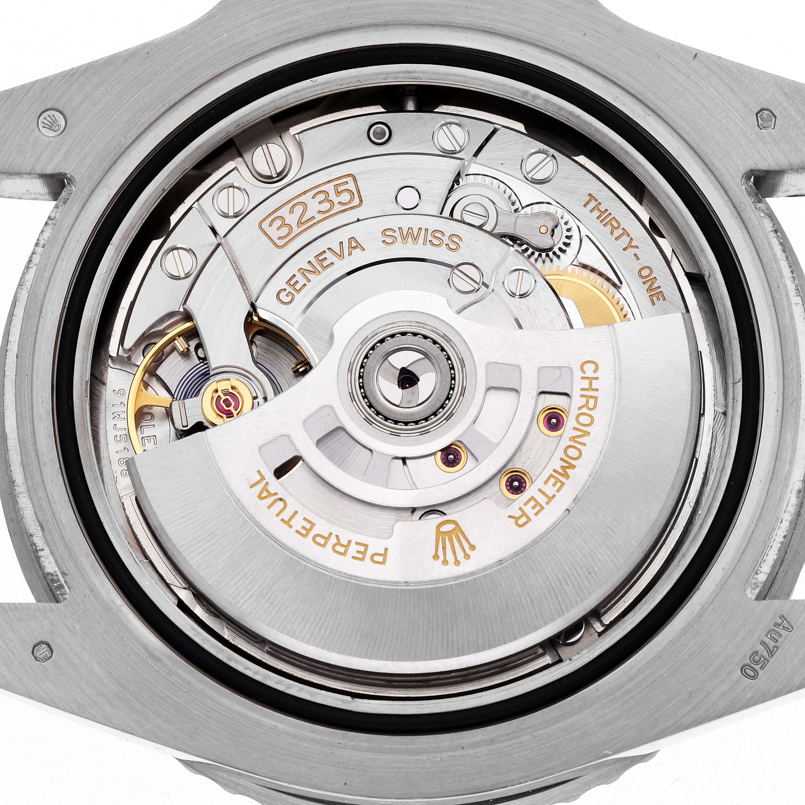 The image shows the movement or mechanism of a Rolex Submariner 126619 Men's White Gold Black Dial watch from the back, highlighting the intricate internal components.