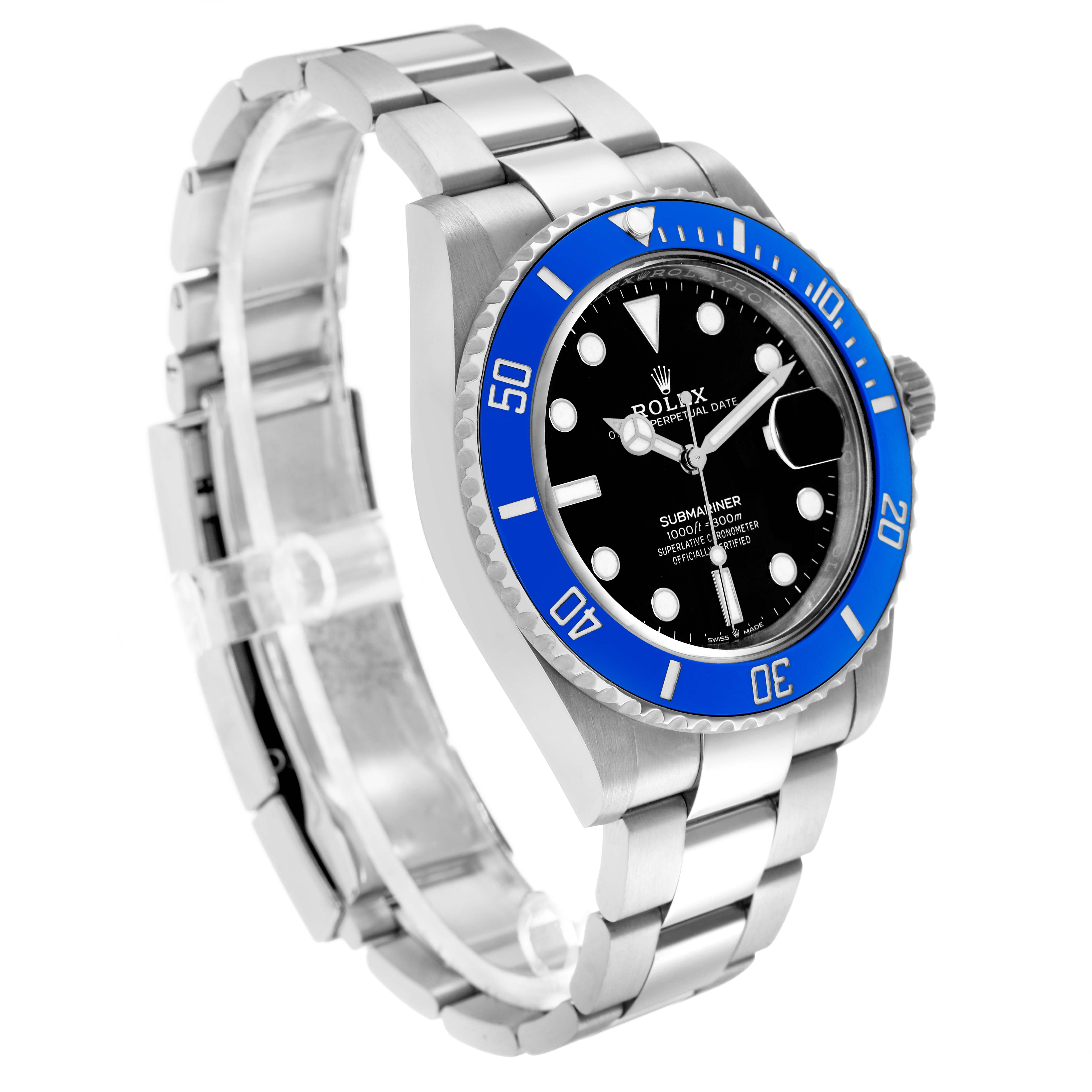 The Rolex Submariner 126619 Men's White Gold Black Dial watch is shown at an angle highlighting the bezel, dial, crown, and bracelet.