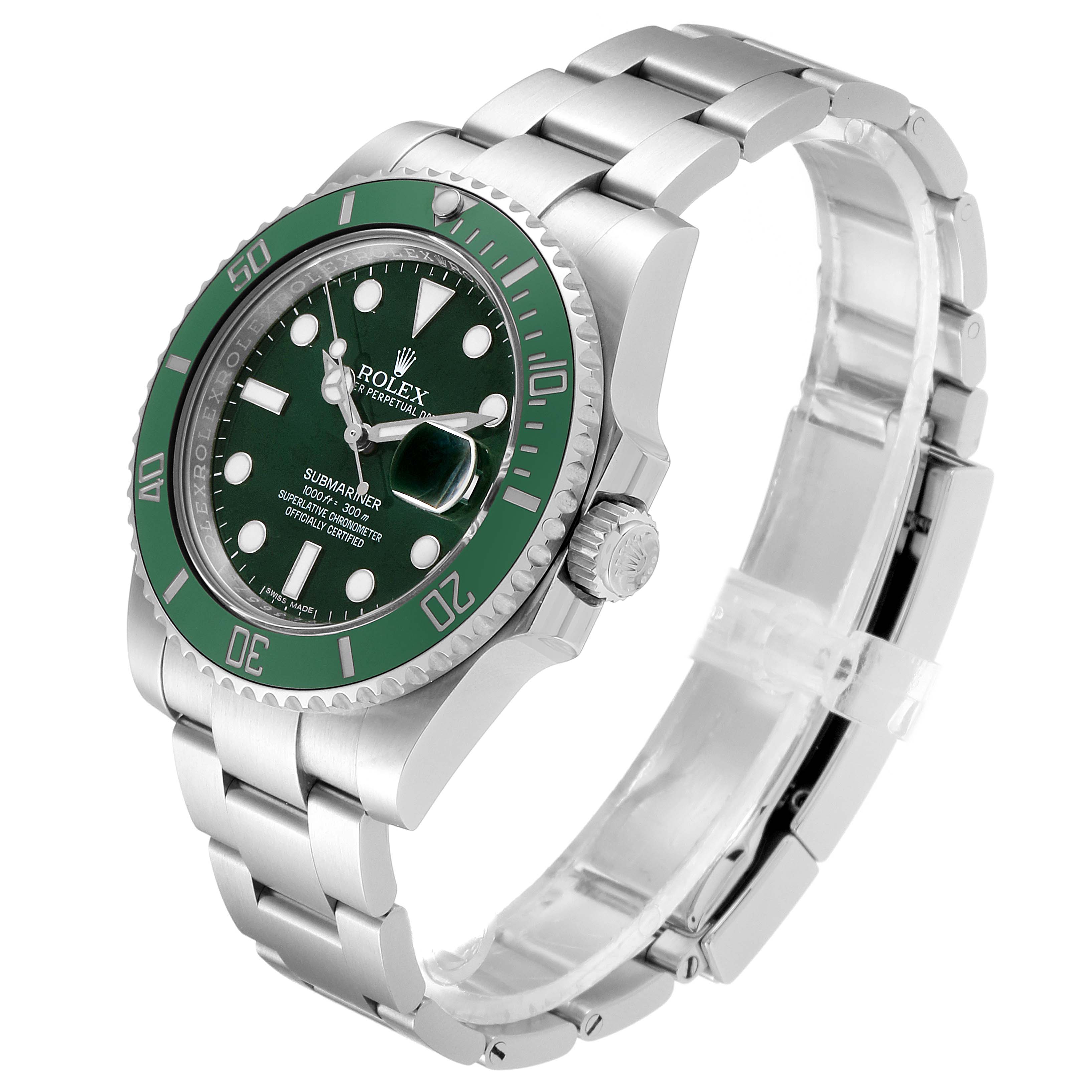 The image shows a Rolex Submariner 116610LV Men's Stainless Steel Green Dial 116610LV Men's Stainless Steel Green Dial watch from an angled front view, highlighting the green bezel, dial, and stainless steel bracelet.
