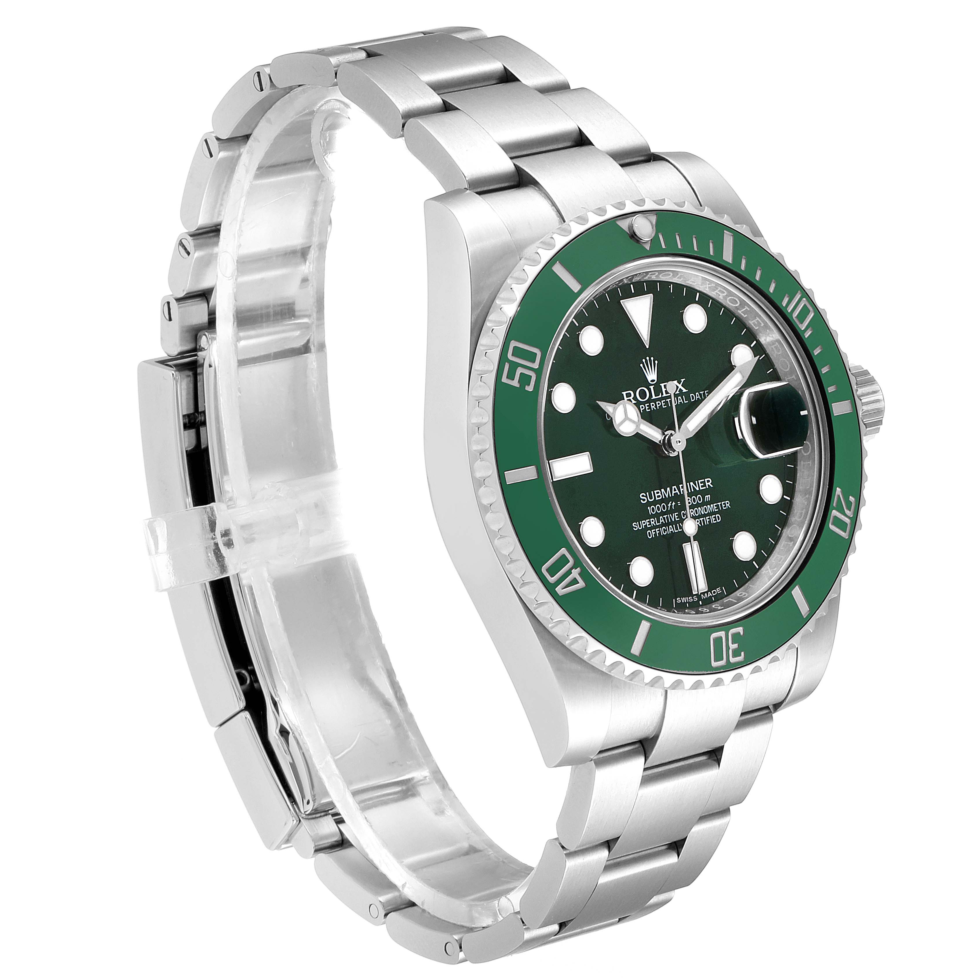 The image shows a side and front angle of a Rolex Submariner 116610LV Men's Stainless Steel Green Dial 116610LV Men's Stainless Steel Green Dial watch, highlighting the stainless steel bracelet and green bezel.