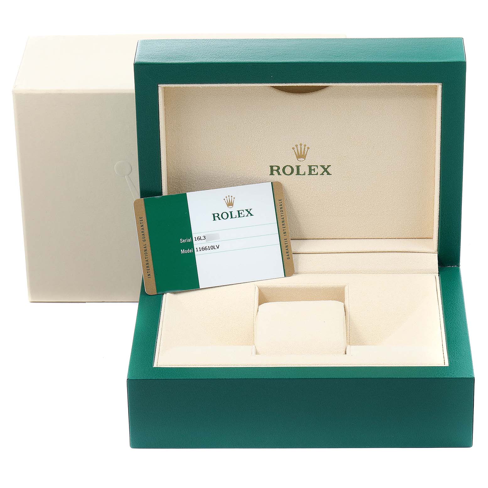 The image shows a Rolex Submariner 116610LV Men's Stainless Steel Green Dial 116610LV Men's Stainless Steel Green Dial watch box and warranty card from a top angle, with the watch missing.