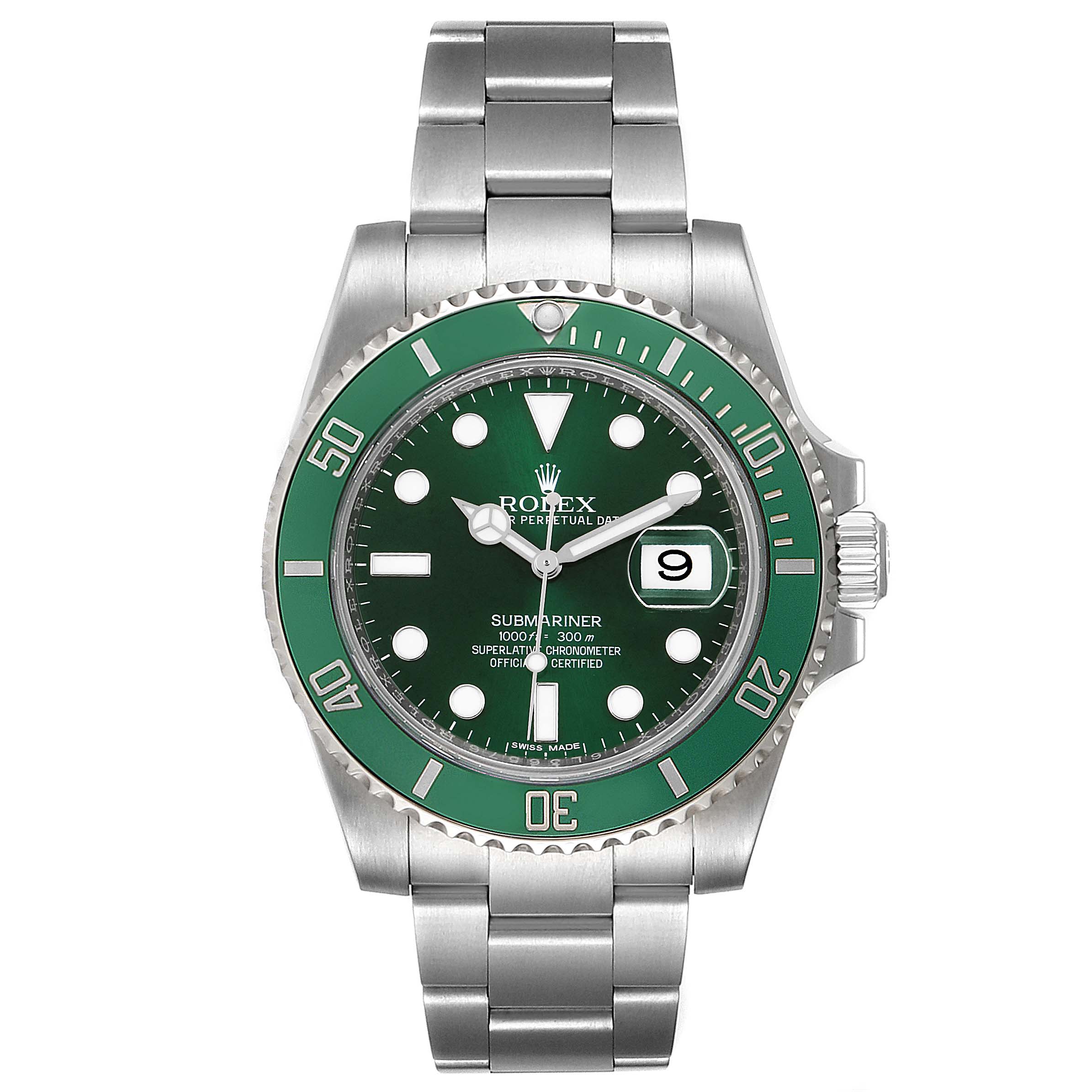 The image shows the front view of a Rolex Submariner 116610LV Men's Stainless Steel Green Dial 116610LV Men's Stainless Steel Green Dial watch with a green bezel and dial on a metal bracelet.