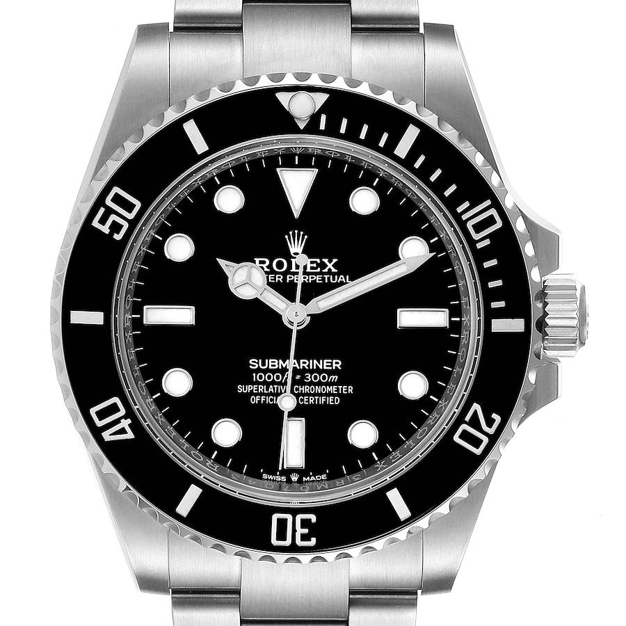 The Rolex Submariner watch is shown from a front angle, highlighting the face, bezel, and part of the bracelet.