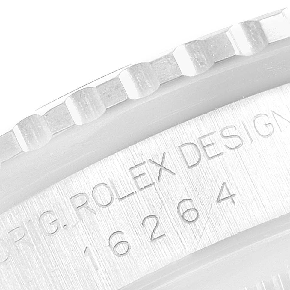 This close-up image shows the bezel and engraved side of the Rolex Turn-o-Graph 16264 Men's Stainless Steel Black Dial 16264 Men's Stainless Steel Black Dial model 16264 watch.