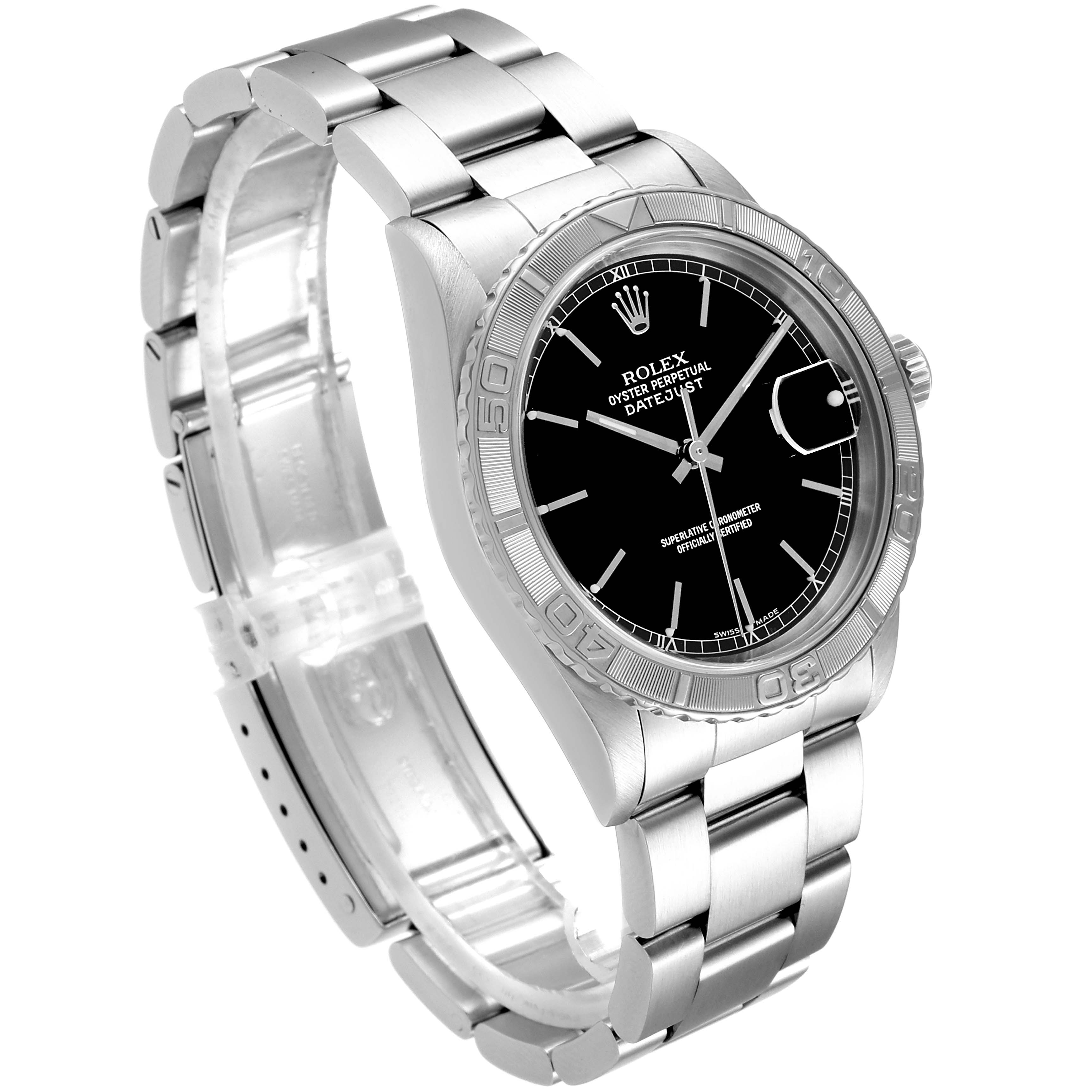 This image shows the Rolex Turn-o-Graph 16264 Men's Stainless Steel Black Dial 16264 Men's Stainless Steel Black Dial watch angled to display the black dial, bezel, and stainless steel bracelet.