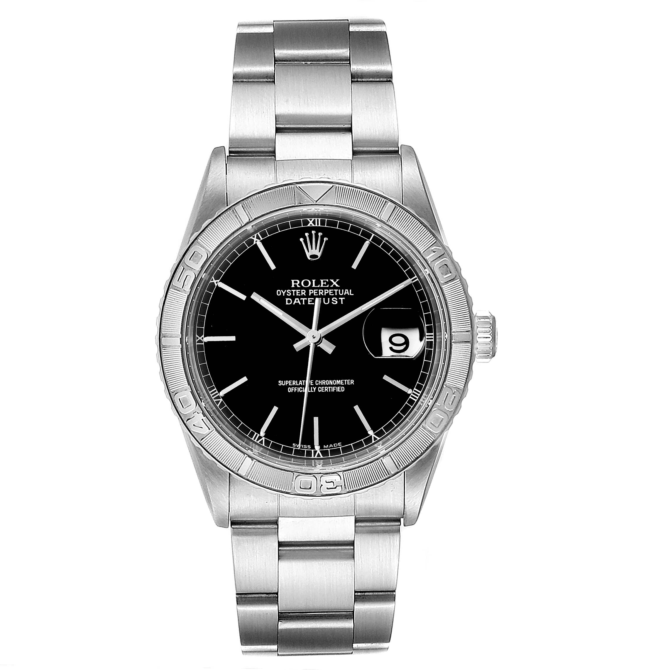 The image shows a front view of a Rolex Turn-o-Graph 16264 Men's Stainless Steel Black Dial 16264 Men's Stainless Steel Black Dial watch, displaying its black dial, bezel, and stainless steel bracelet.