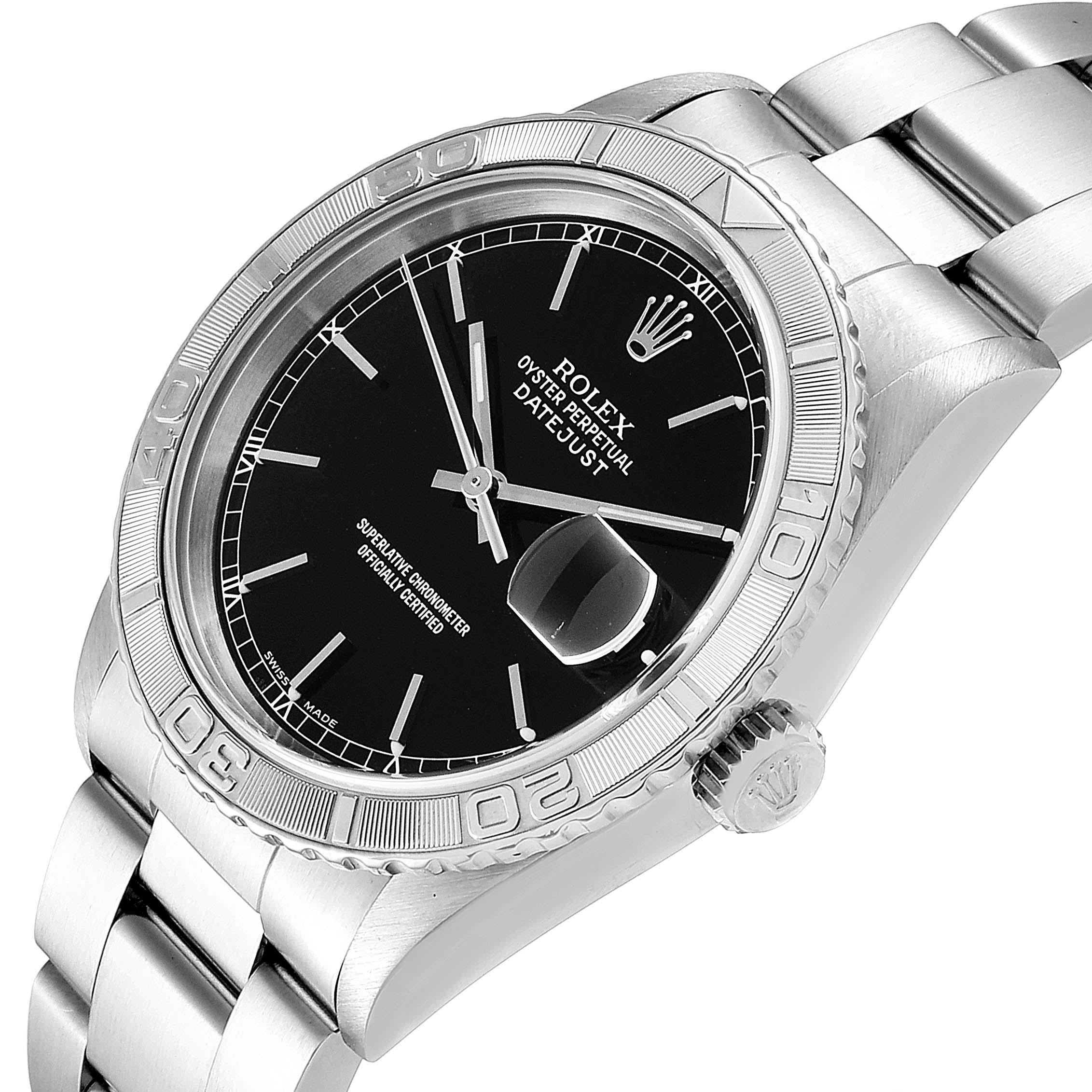 This image shows a Rolex Turn-o-Graph 16264 Men's Stainless Steel Black Dial 16264 Men's Stainless Steel Black Dial watch at a slight angle, highlighting the bezel, dial, and bracelet.