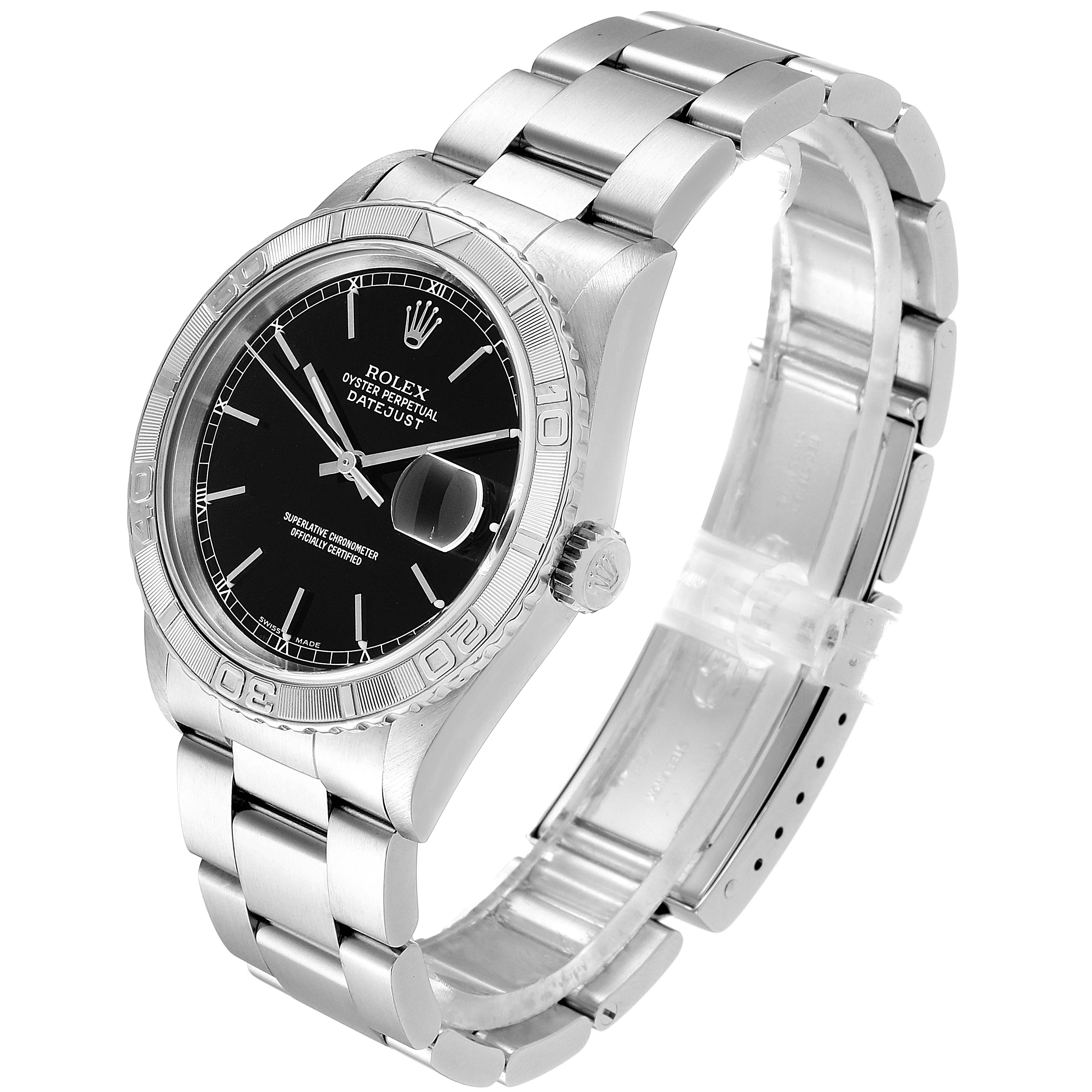 The image shows a Rolex Turn-o-Graph 16264 Men's Stainless Steel Black Dial 16264 Men's Stainless Steel Black Dial watch at a three-quarter angle, highlighting the face, bezel, crown, and bracelet.
