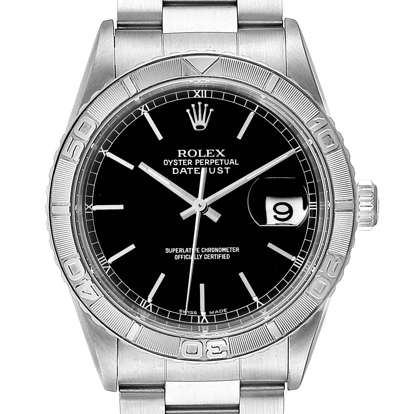 This image shows a front view of a Rolex Turn-o-Graph 16264 Men's Stainless Steel Black Dial 16264 Men's Stainless Steel Black Dial watch, highlighting the face, bezel, and part of the bracelet.