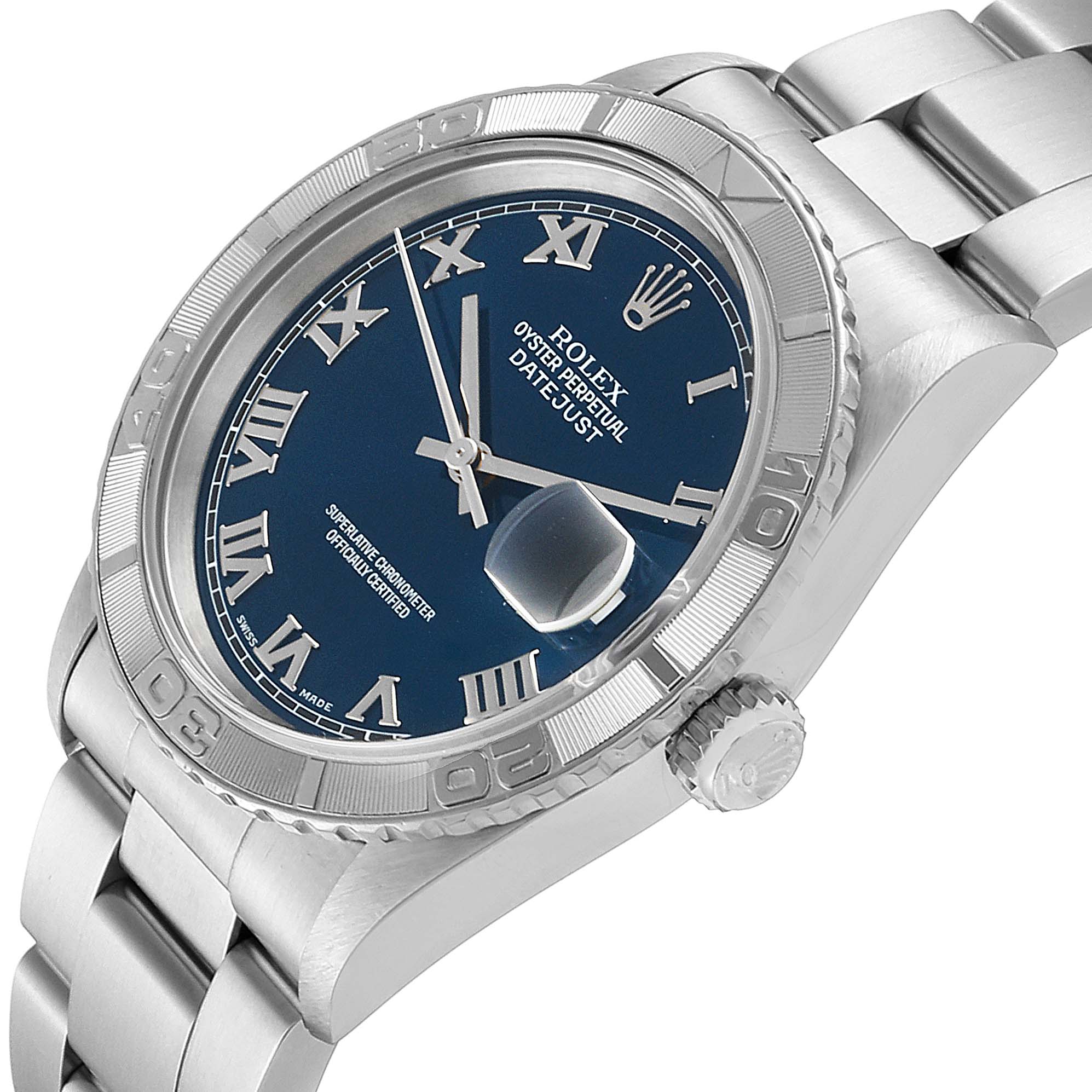This image shows a Rolex Turn-o-Graph 16264 Men
s Stainless Steel Blue Dial 16264 Men
s Stainless Steel Blue Dial watch at an angle emphasizing its face, bezel, and partial bracelet.