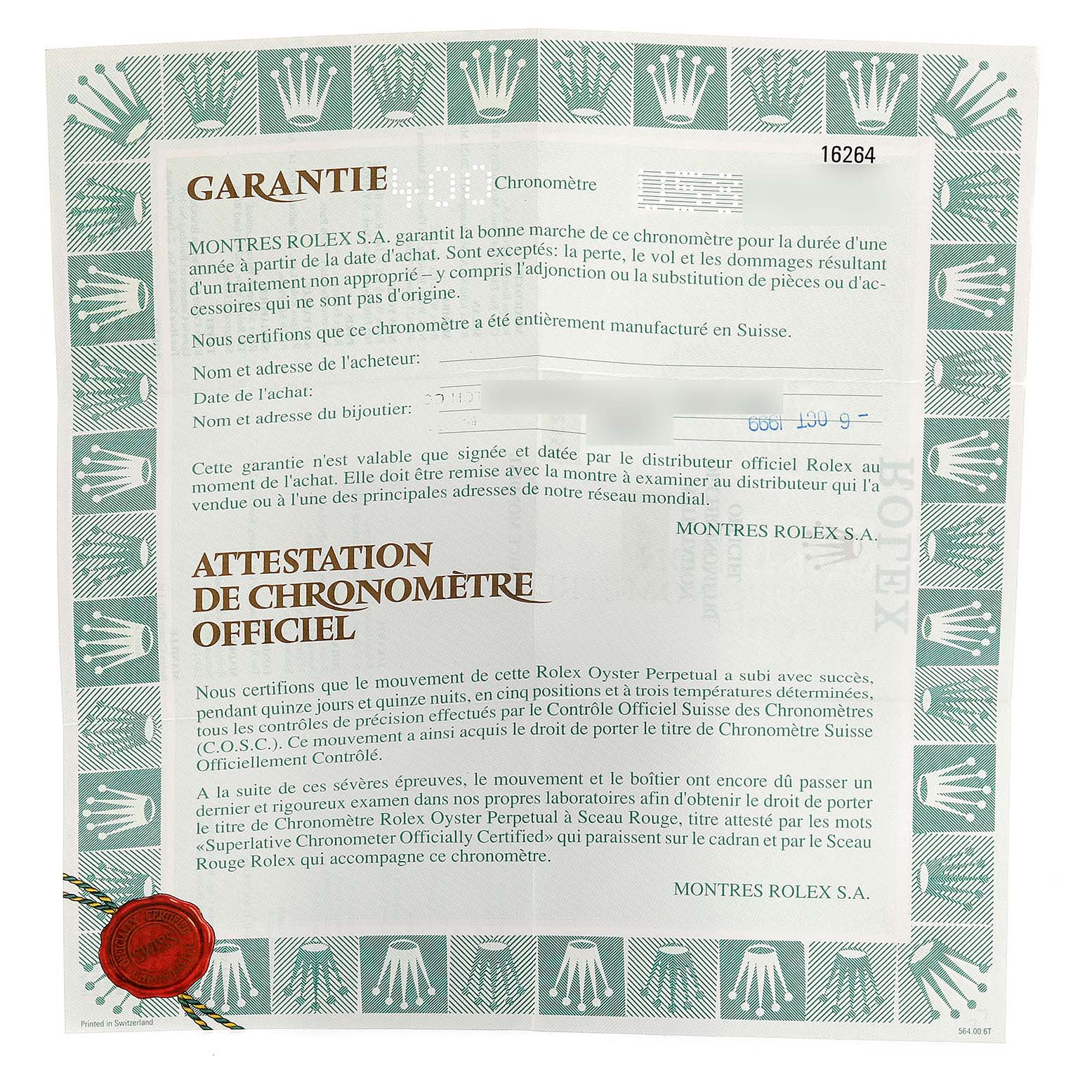 It’s a warranty certificate for a Rolex Turn-o-Graph 16264 Men
s Stainless Steel Blue Dial 16264 Men
s Stainless Steel Blue Dial watch, detailing official chronometer certification.