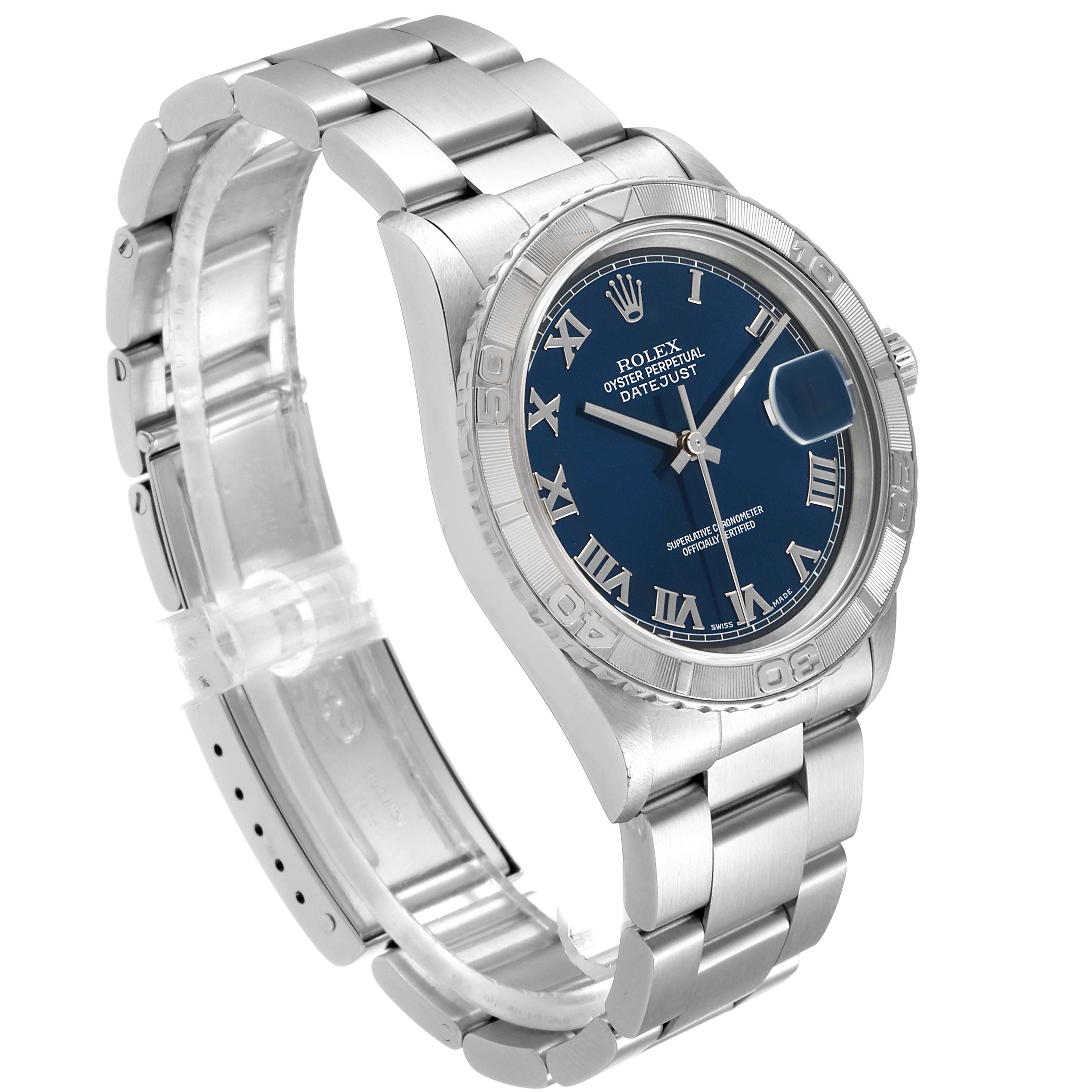 The image shows a Rolex Turn-o-Graph 16264 Men
s Stainless Steel Blue Dial 16264 Men
s Stainless Steel Blue Dial watch at a slight angle, highlighting the blue dial, bezel, bracelet, and clasp.