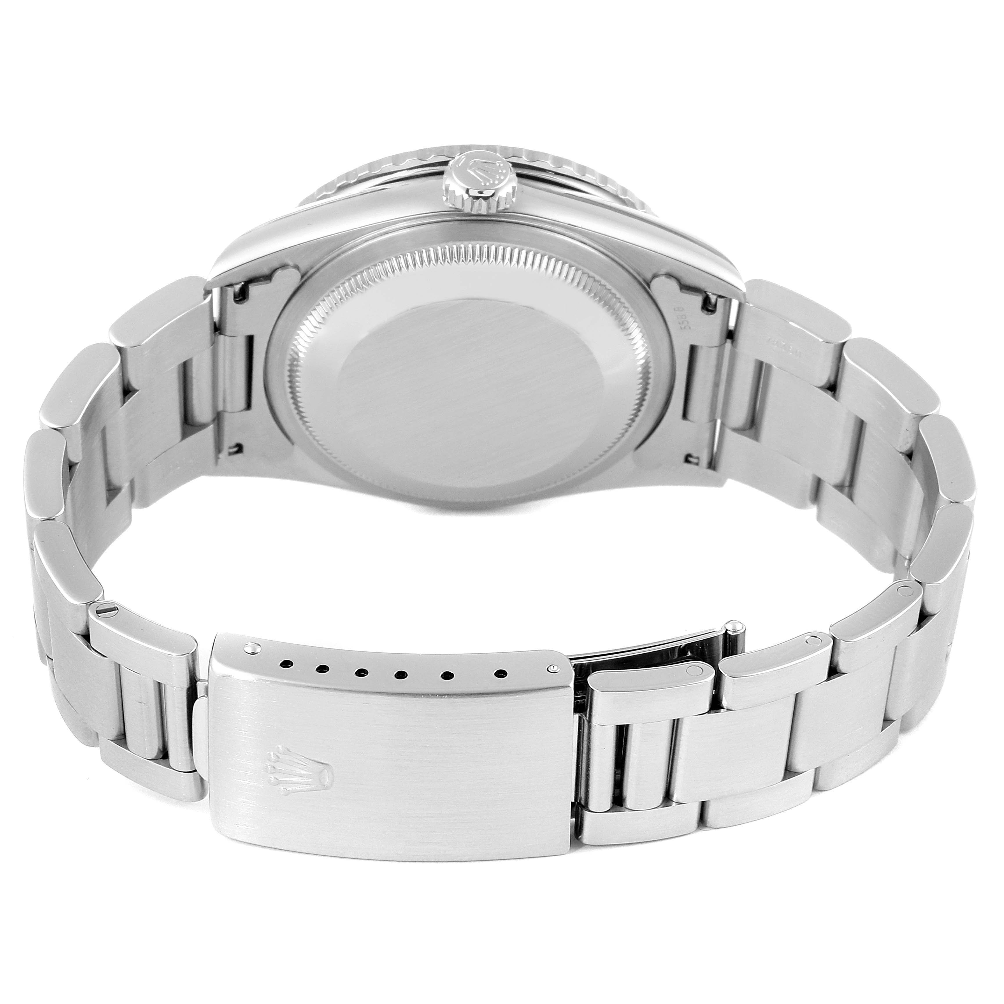 This image shows the back case and clasp of a Rolex Turn-o-Graph 16264 Men
s Stainless Steel Blue Dial 16264 Men
s Stainless Steel Blue Dial watch from a bottom-up angle.