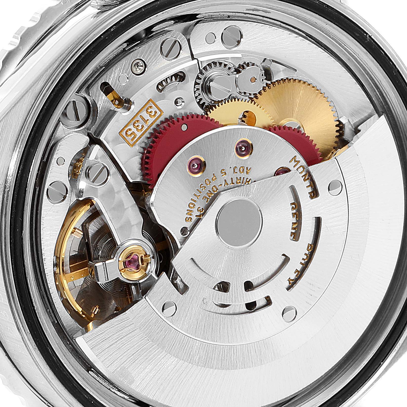 The image shows the intricate inner mechanics of a Rolex Turn-o-Graph 16264 Men
s Stainless Steel Blue Dial 16264 Men
s Stainless Steel Blue Dial watch, focusing on gears and the movement parts.