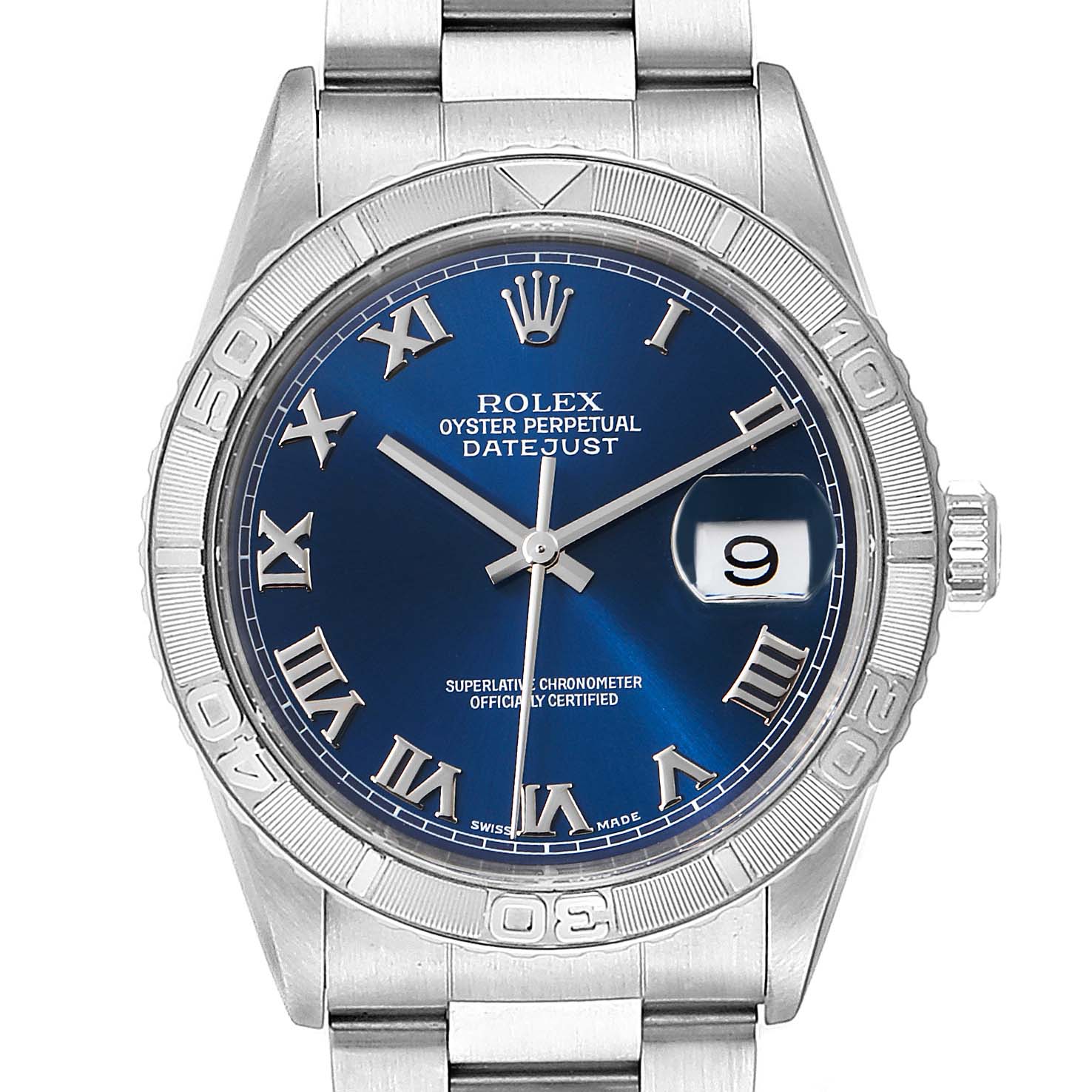 The image shows a front view of a Rolex Turn-o-Graph 16264 Men
s Stainless Steel Blue Dial 16264 Men
s Stainless Steel Blue Dial watch, displaying the dial, bezel, crown, and part of the bracelet.