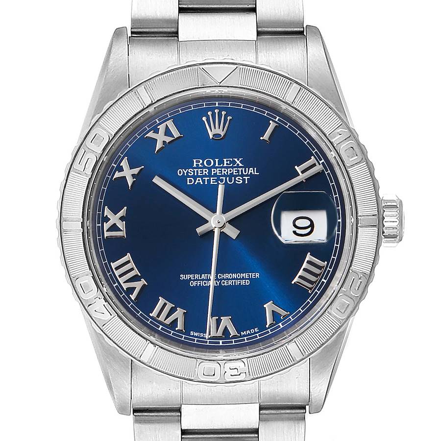 Rolex Turnograph Datejust Steel White Gold Blue Roman Dial Watch 16264 Papers SwissWatchExpo