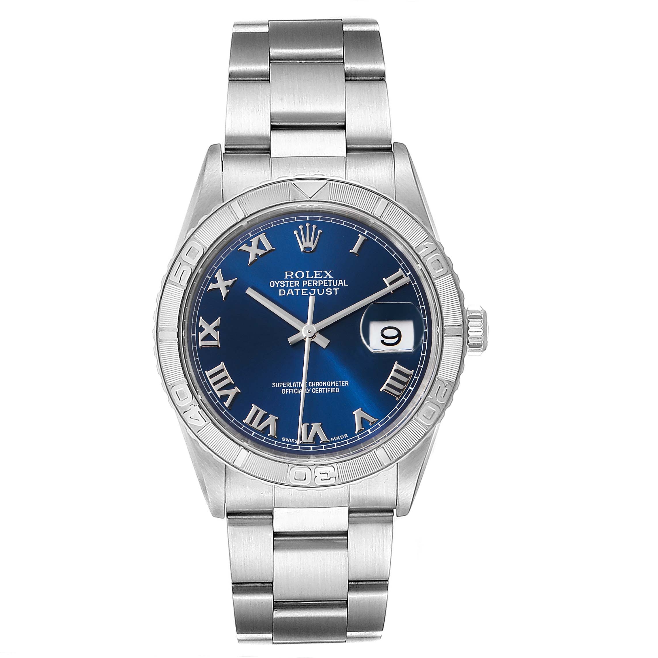 The image shows a front view of a Rolex Turn-o-Graph 16264 Men
s Stainless Steel Blue Dial 16264 Men
s Stainless Steel Blue Dial watch, highlighting the dial, bezel, and bracelet.