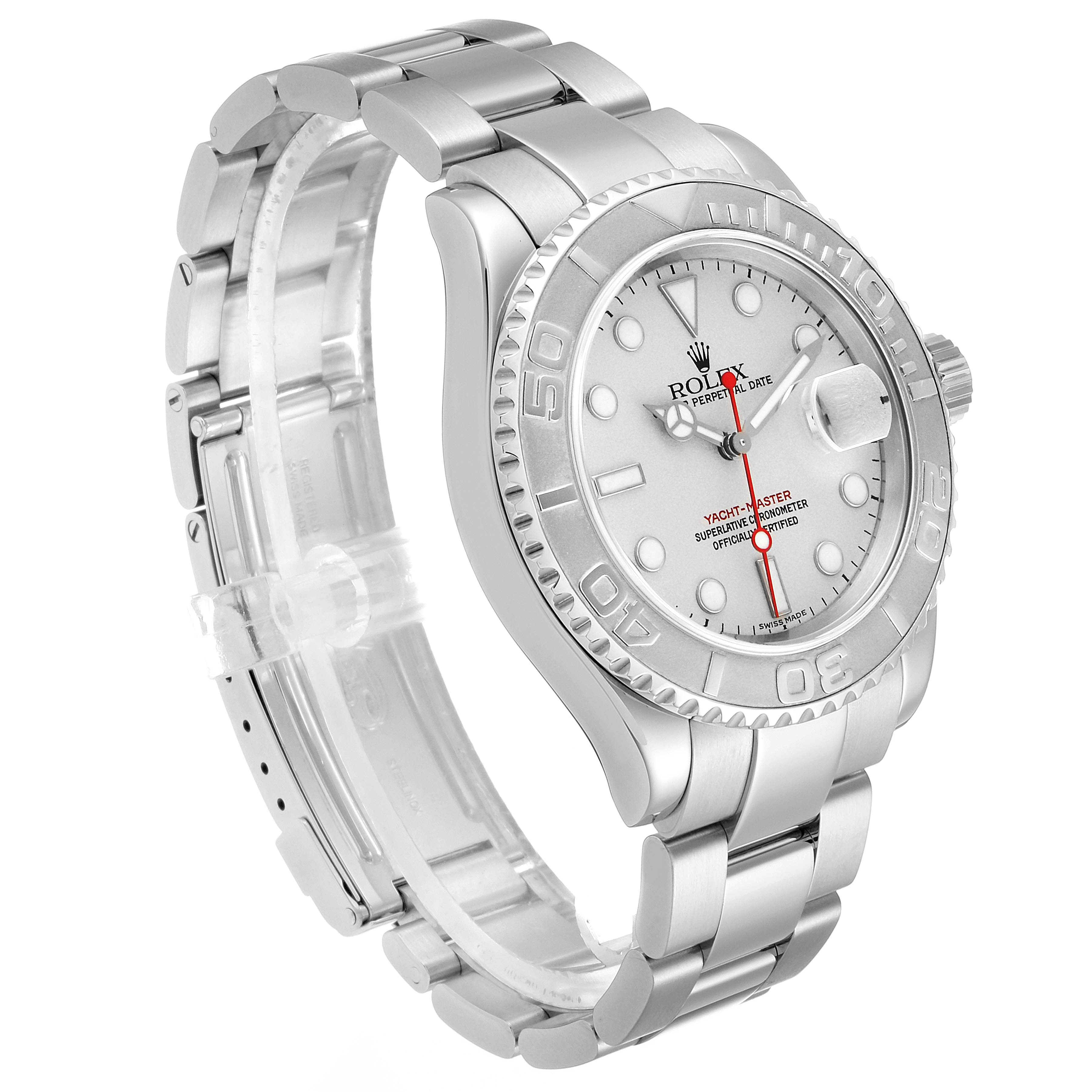 This image shows a Rolex Yacht-Master 16622 Men
s Stainless Steel Silver Dial 16622 Men
s Stainless Steel Silver Dial watch at a three-quarter angle, highlighting the face, bezel, and bracelet.