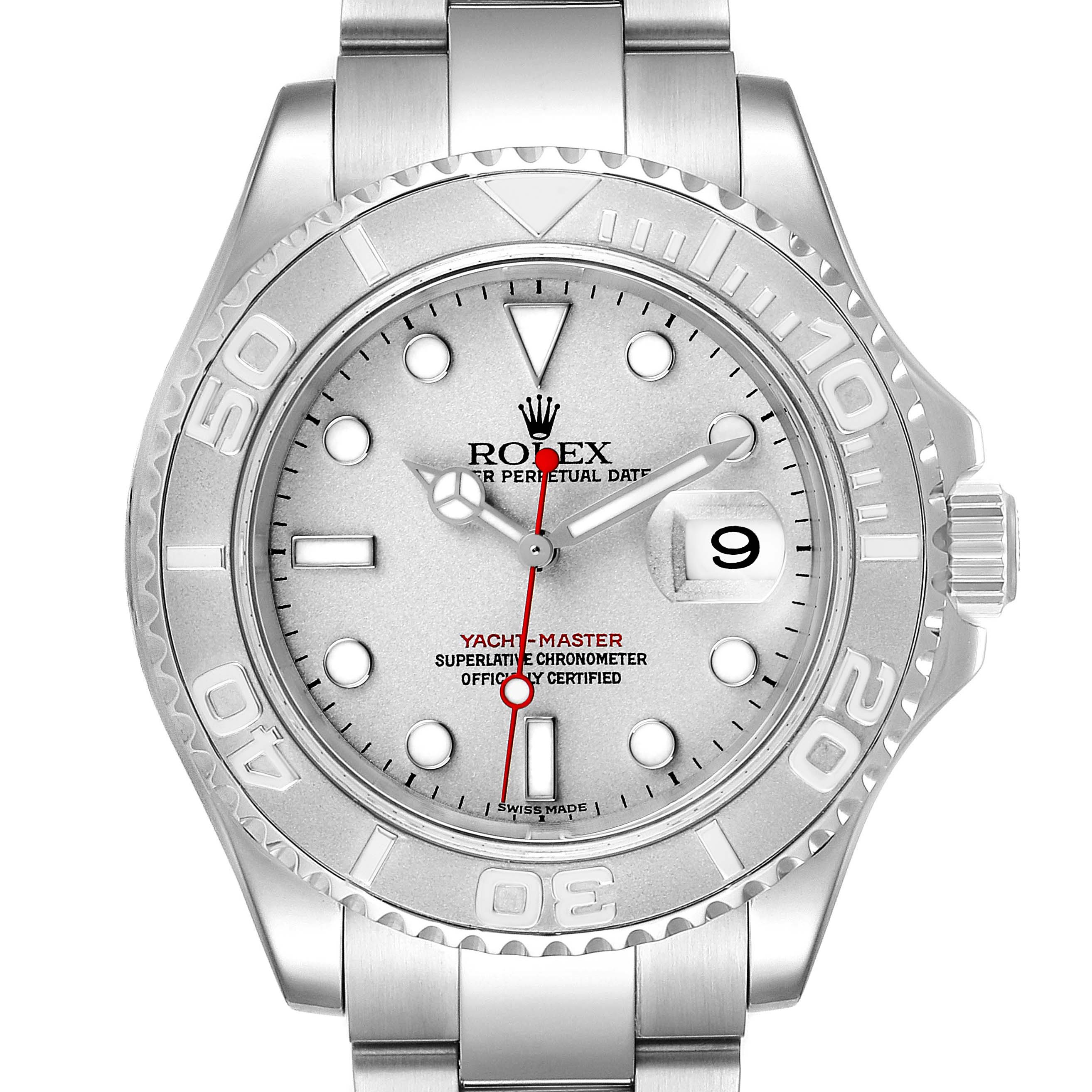 The image shows a frontal view of a Rolex Yacht-Master 16622 Men
s Stainless Steel Silver Dial 16622 Men
s Stainless Steel Silver Dial watch, displaying its bezel, dial, hands, and bracelet.