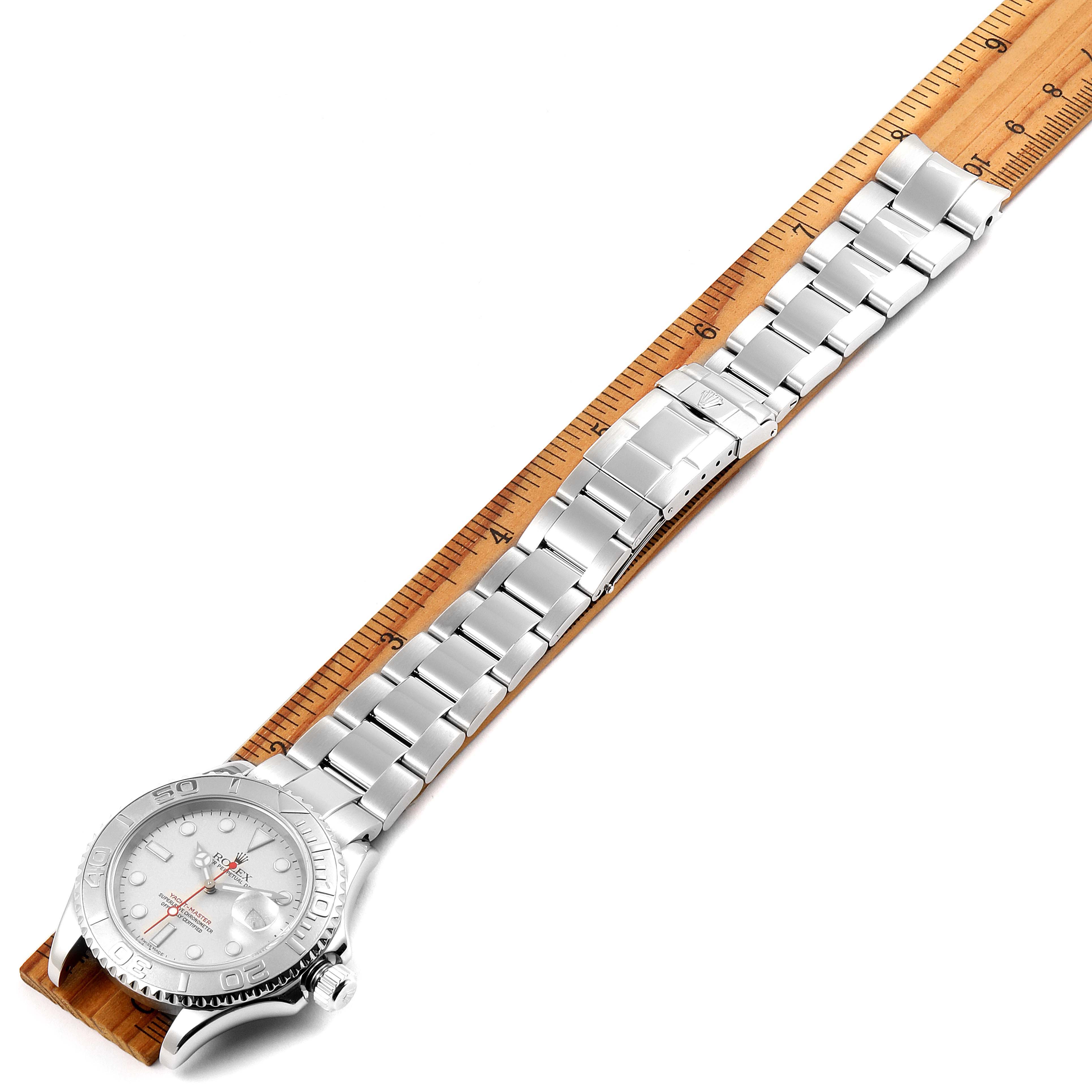 The image shows a top-down view of a Rolex Yacht-Master 16622 Men
s Stainless Steel Silver Dial 16622 Men
s Stainless Steel Silver Dial model watch, including the face and metal bracelet.