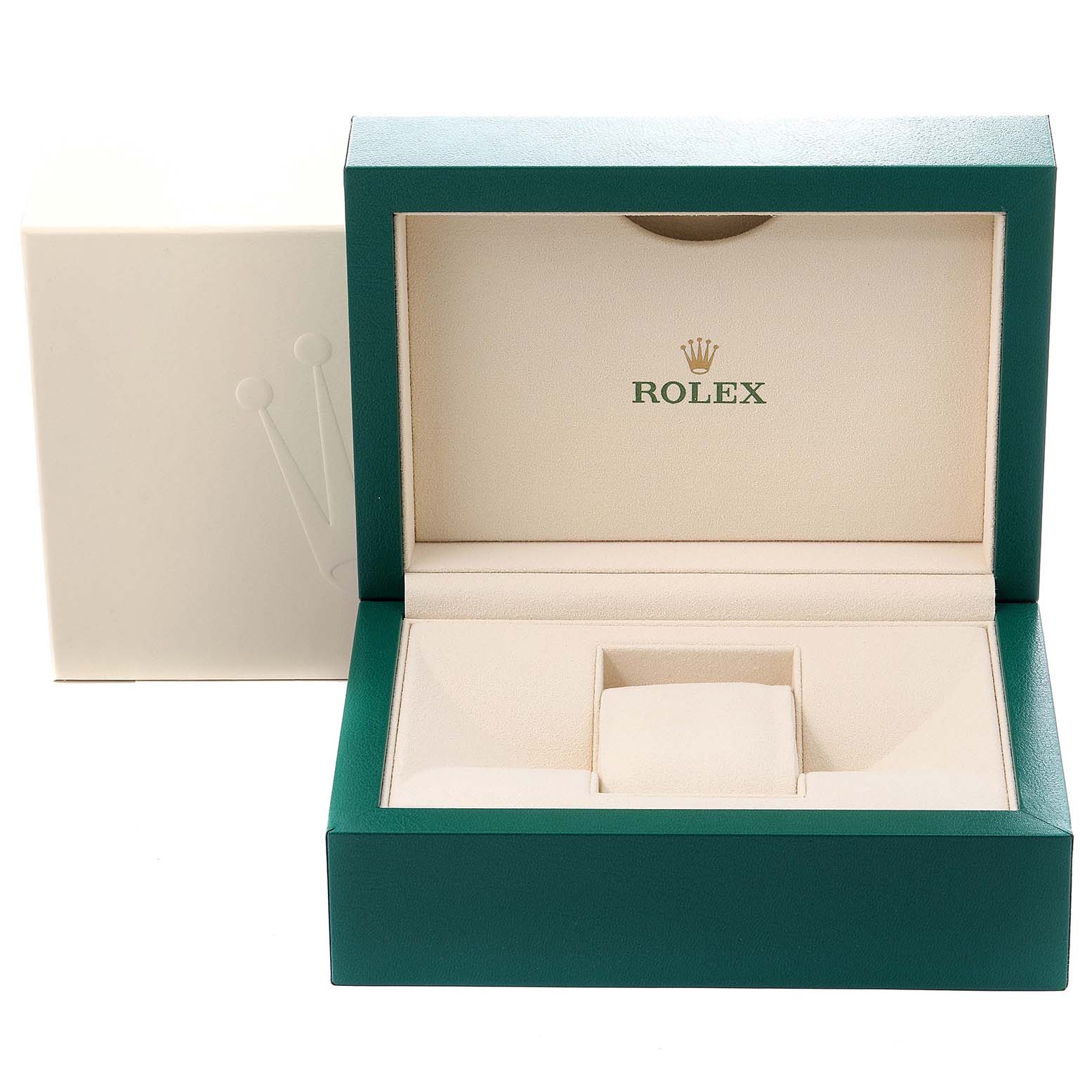 The image shows an open green and cream Rolex Yacht-Master 16622 Men
s Stainless Steel Silver Dial 16622 Men
s Stainless Steel Silver Dial watch box with branding visible on the inside lid.