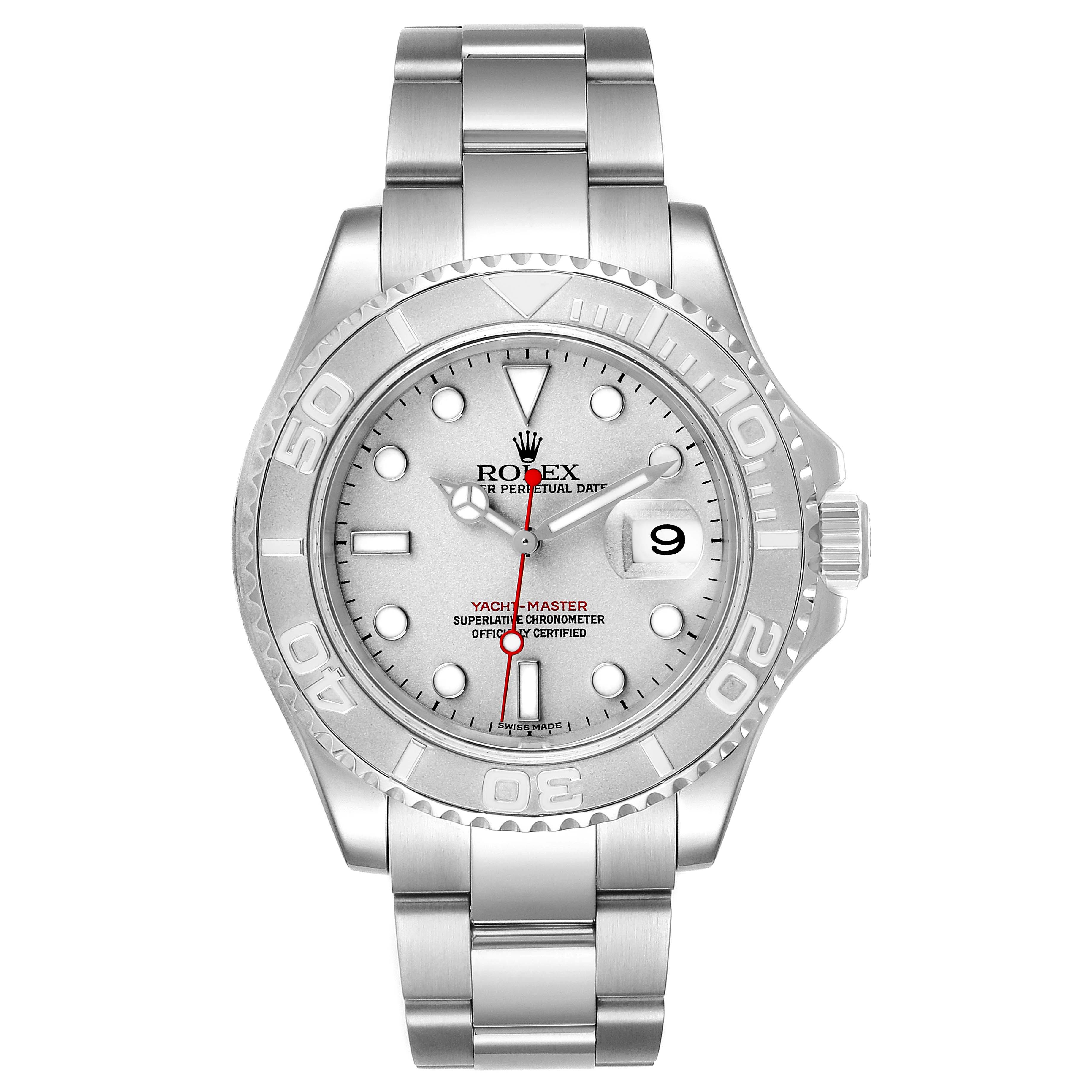 This image shows a front view of a Rolex Yacht-Master 16622 Men
s Stainless Steel Silver Dial 16622 Men
s Stainless Steel Silver Dial watch, displaying the dial, bezel, and bracelet.