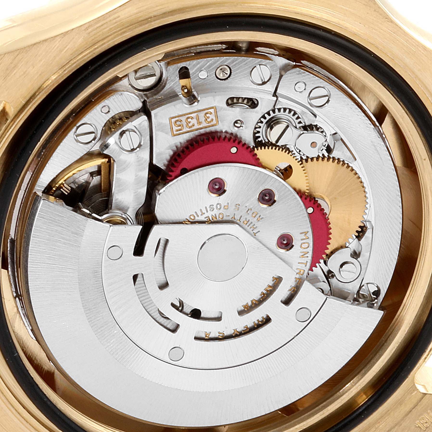The image shows the movement mechanism of a Rolex Yacht-Master 16628 Men's Yellow Gold White Dial 16628 Men's Yellow Gold White Dial watch from a close-up back angle.