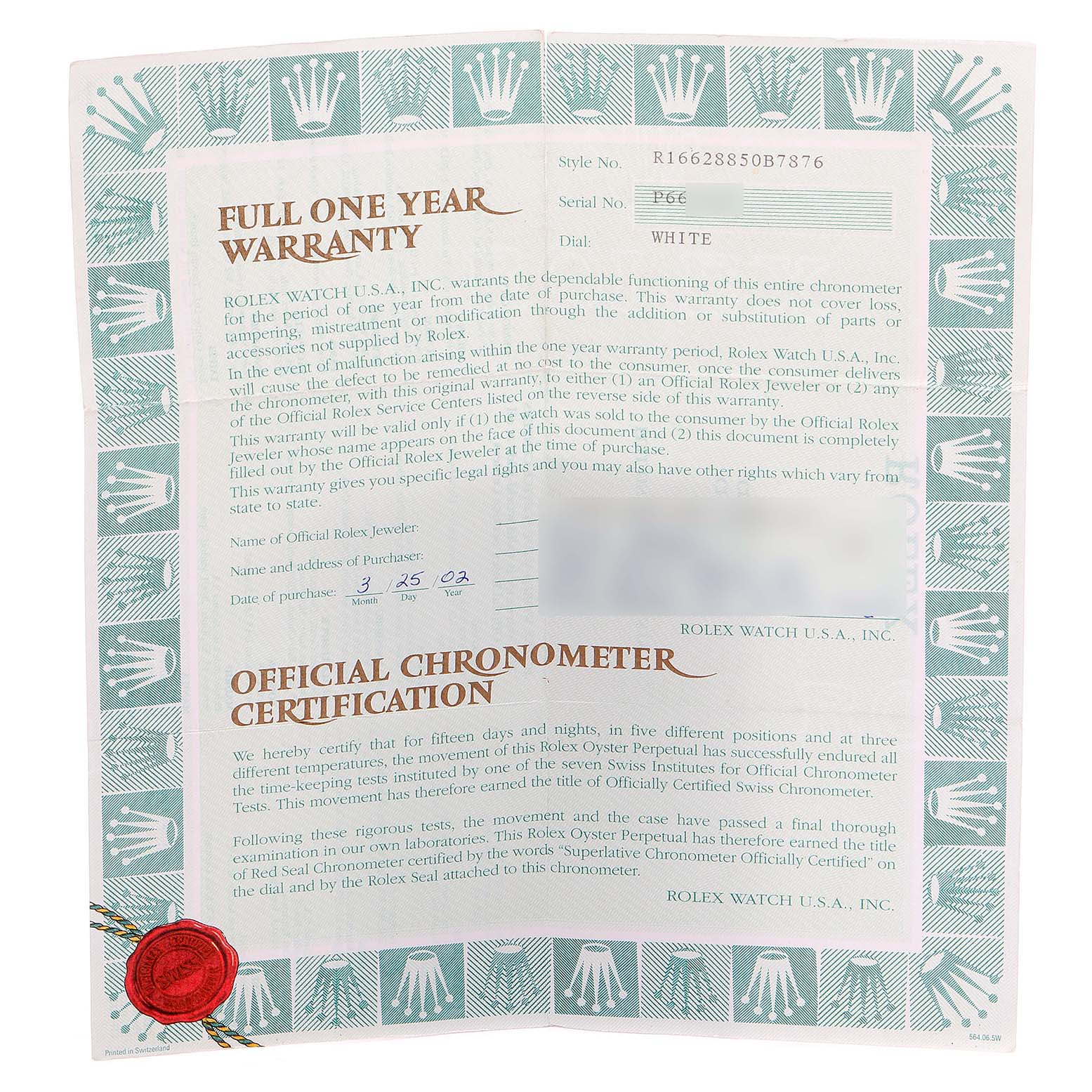 The image shows the warranty and official chronometer certification for the Rolex Yacht-Master 16628 Men's Yellow Gold White Dial 16628 Men's Yellow Gold White Dial watch.