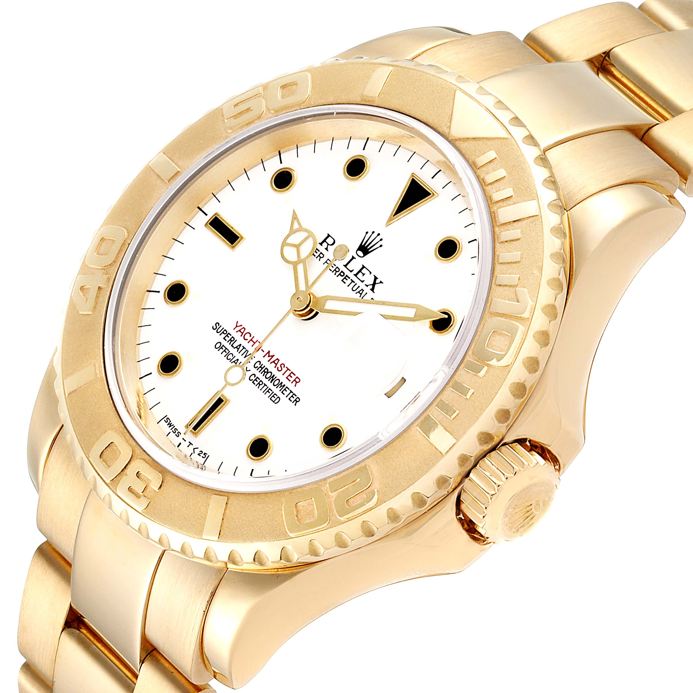 The image shows a close-up, angled view of a Rolex Yacht-Master 16628 Men's Yellow Gold White Dial 16628 Men's Yellow Gold White Dial watch displaying its face, bezel, crown, and bracelet.