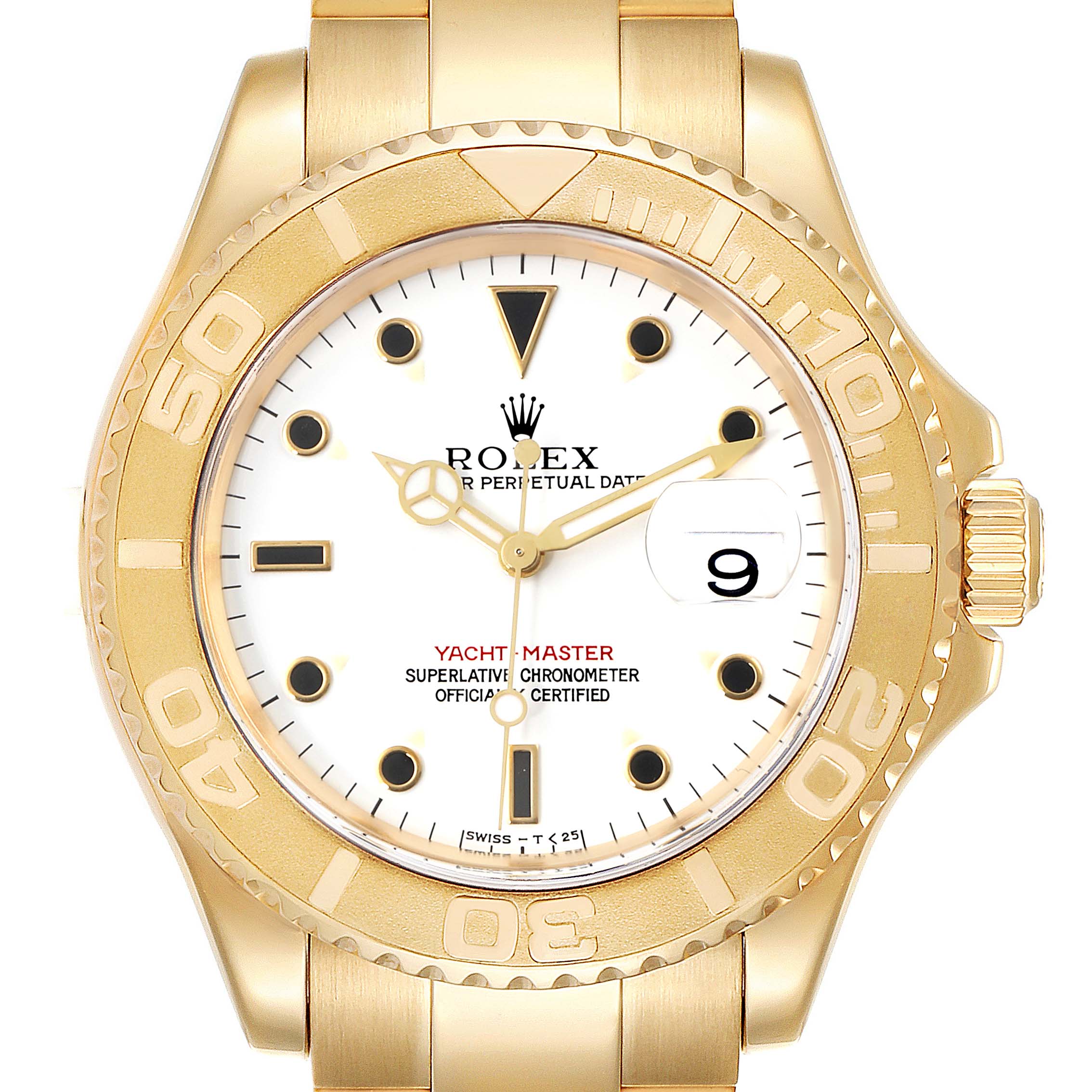 This image shows a front view of the Rolex Yacht-Master 16628 Men's Yellow Gold White Dial 16628 Men's Yellow Gold White Dial watch, highlighting its gold case, bezel, crown, dial, and bracelet.