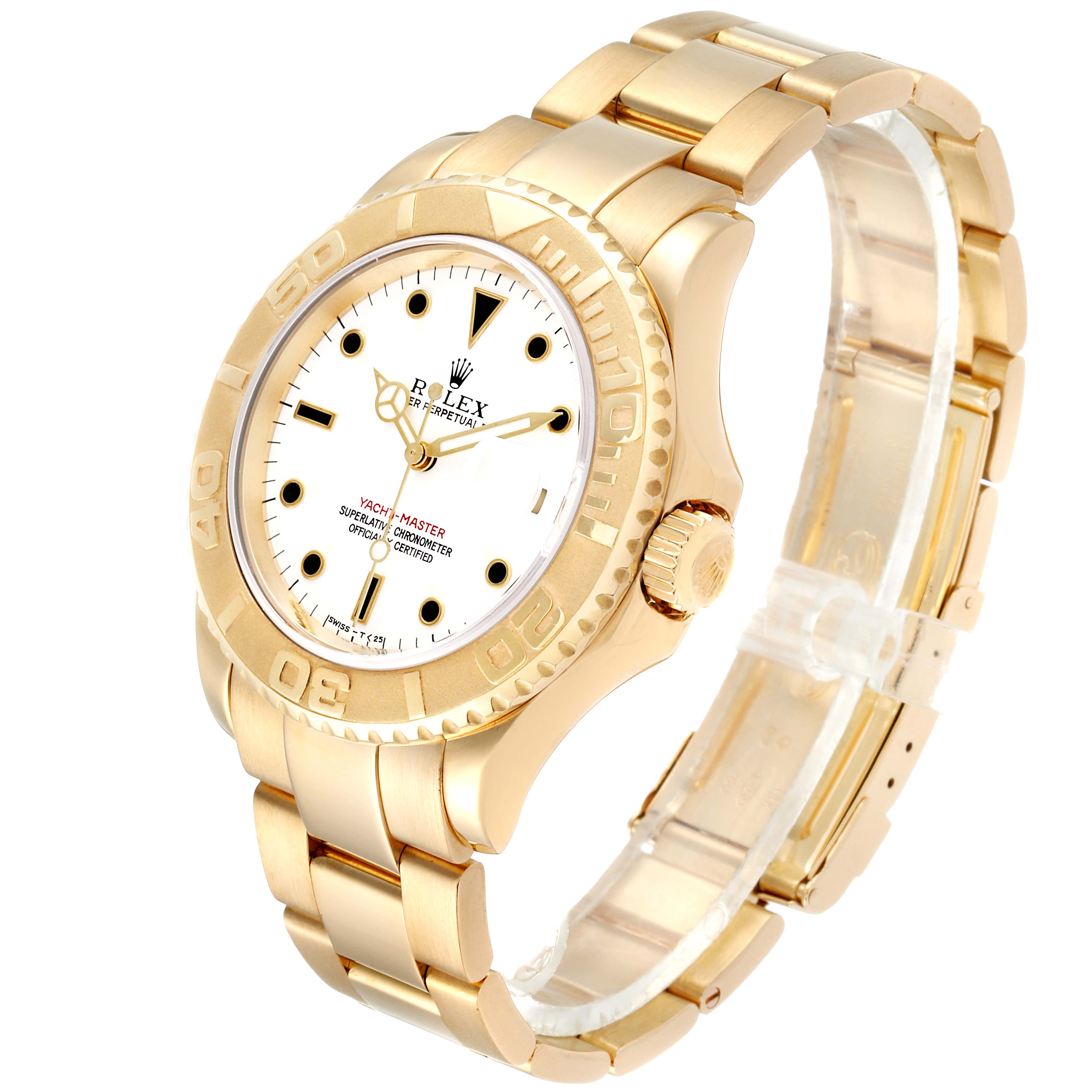 The Rolex Yacht-Master 16628 Men's Yellow Gold White Dial 16628 Men's Yellow Gold White Dial watch is shown at a three-quarter angle, highlighting its bezel, crown, face, and bracelet.