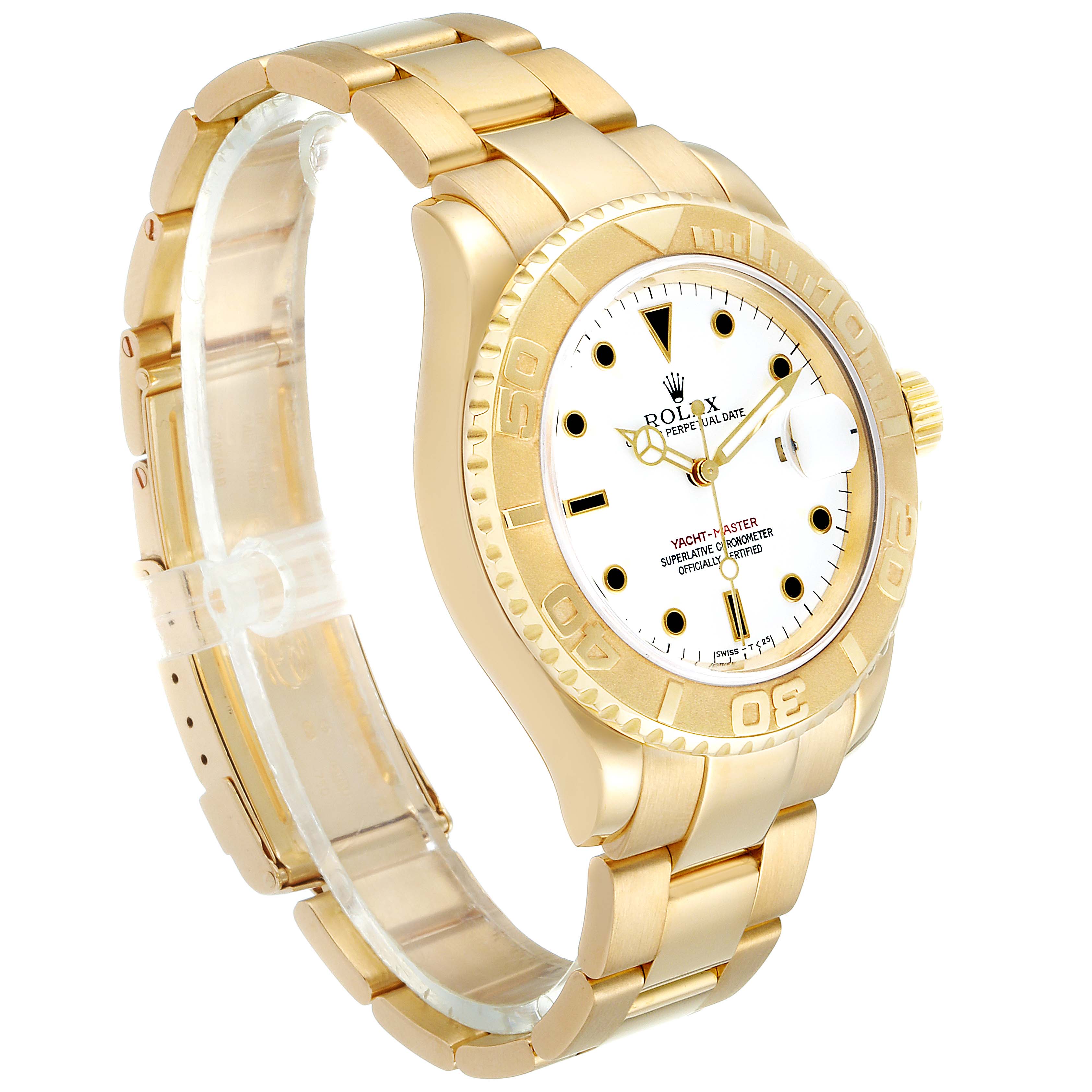 The Rolex Yacht-Master 16628 Men's Yellow Gold White Dial 16628 Men's Yellow Gold White Dial watch is shown at a three-quarter angle, highlighting its golden bracelet, bezel, and white dial.