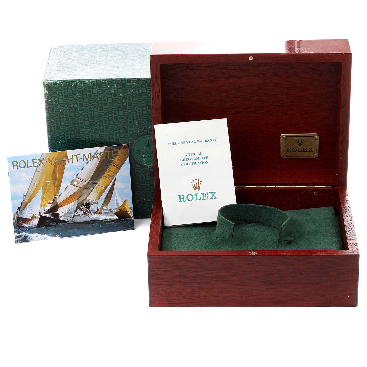 The image shows the packaging, paperwork, and presentation box for a Rolex Yacht-Master 16628 Men's Yellow Gold White Dial 16628 Men's Yellow Gold White Dial watch.