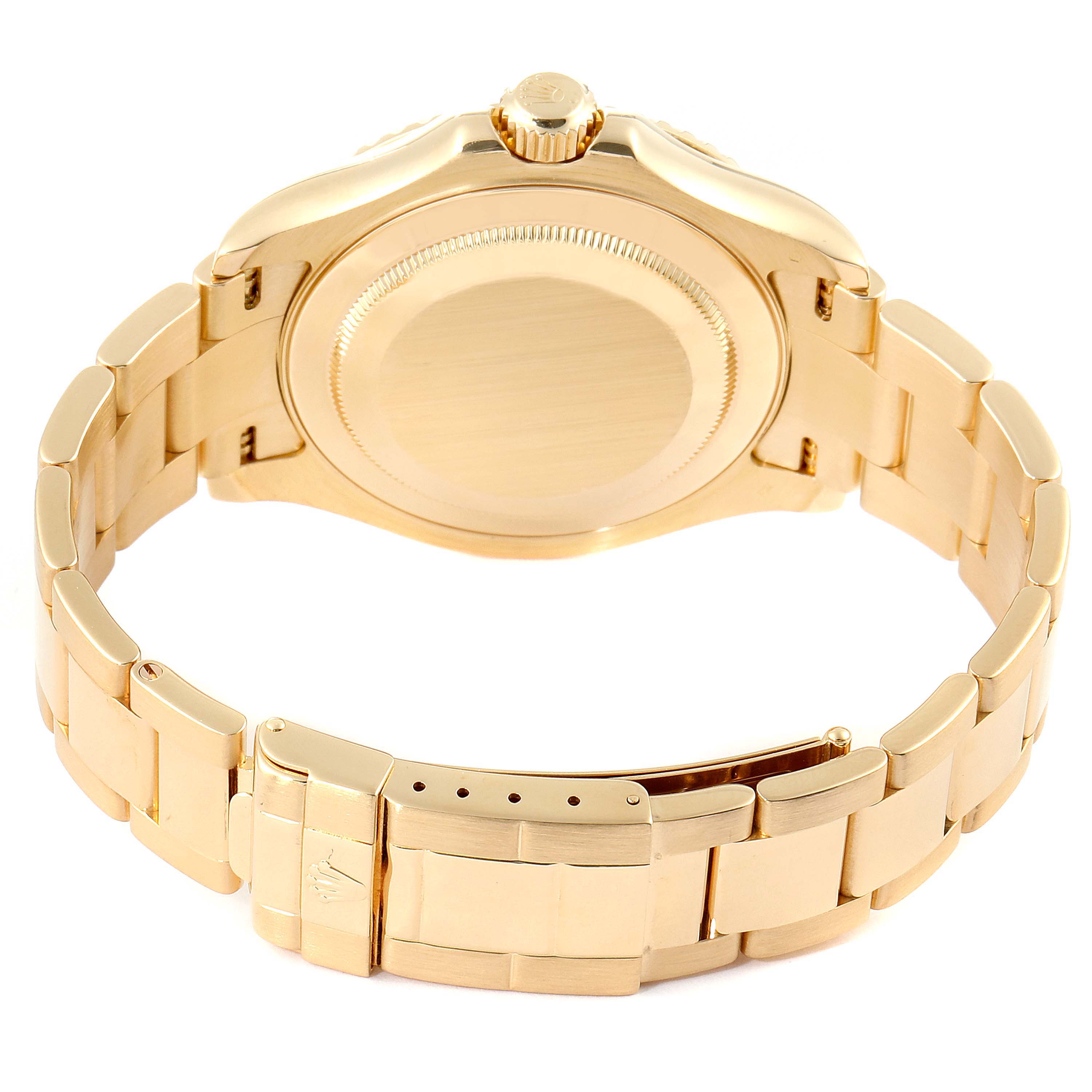 The image shows the back view of a Rolex Yacht-Master 16628 Men's Yellow Gold White Dial 16628 Men's Yellow Gold White Dial watch, highlighting the case back and bracelet.