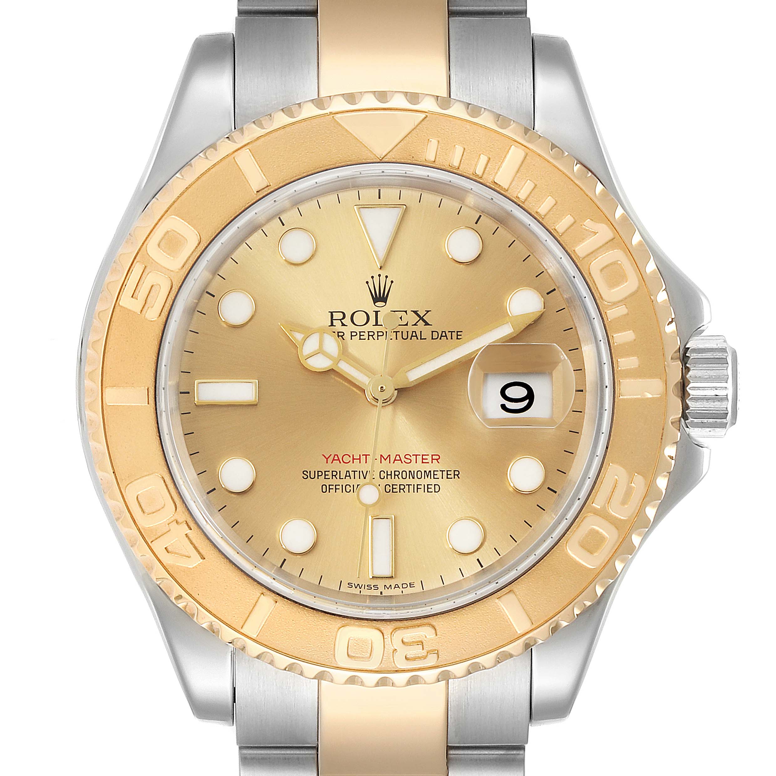 The image shows the dial, bezel, and part of the bracelet of the Rolex Yacht-Master 16623 Men's Stainless Steel Champagne Dial 16623 Men's Stainless Steel Champagne Dial watch, with a prominent date window.