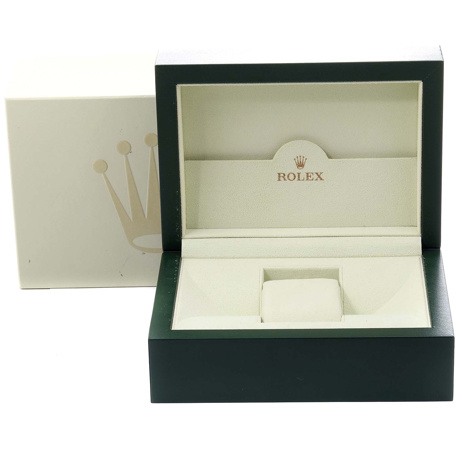 This image shows the open box of a Rolex Yacht-Master 16623 Men's Stainless Steel Champagne Dial 16623 Men's Stainless Steel Champagne Dial watch, displaying the interior compartments.