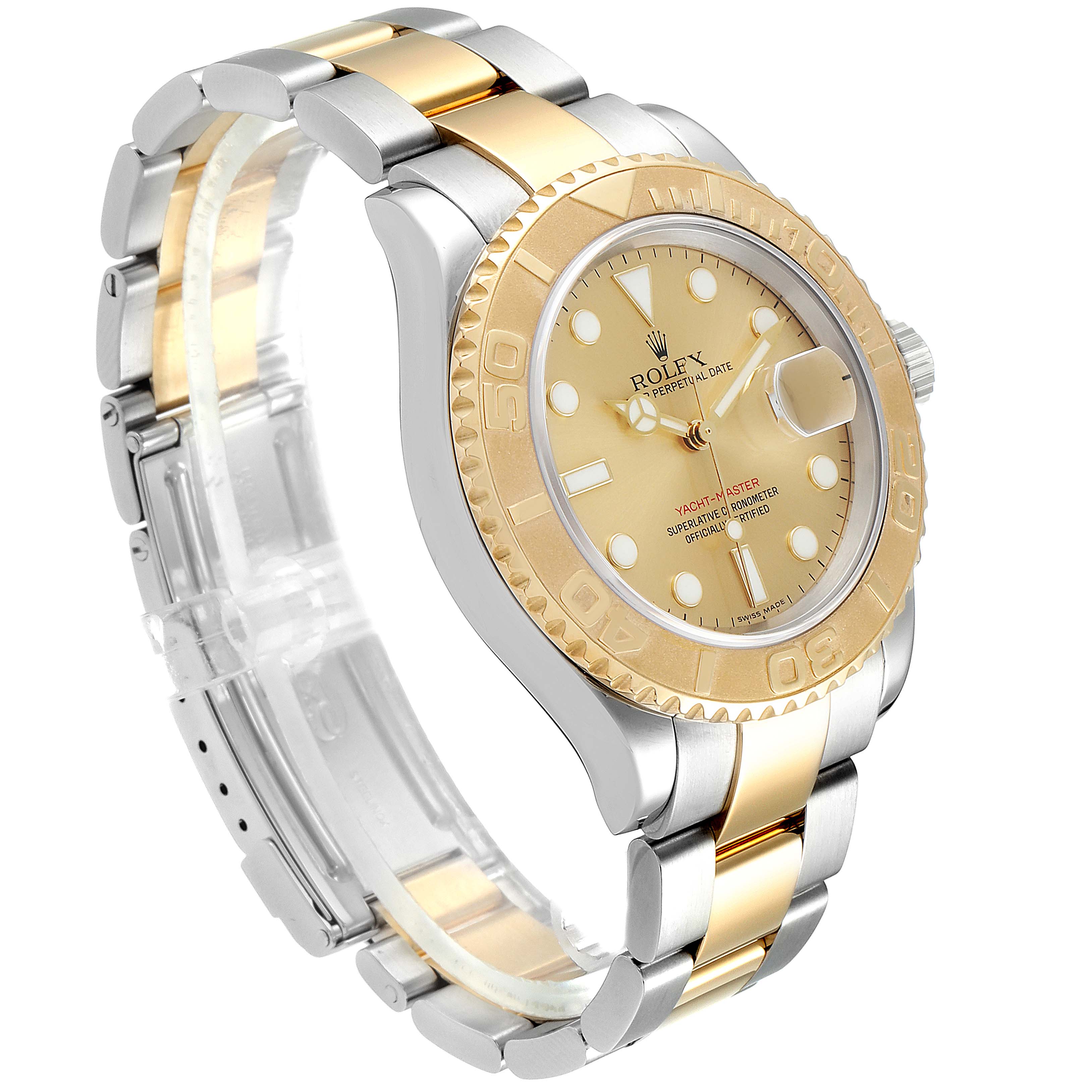 The image shows a Rolex Yacht-Master 16623 Men's Stainless Steel Champagne Dial 16623 Men's Stainless Steel Champagne Dial watch from a three-quarter view, highlighting the bezel, dial, bracelet, and clasp.