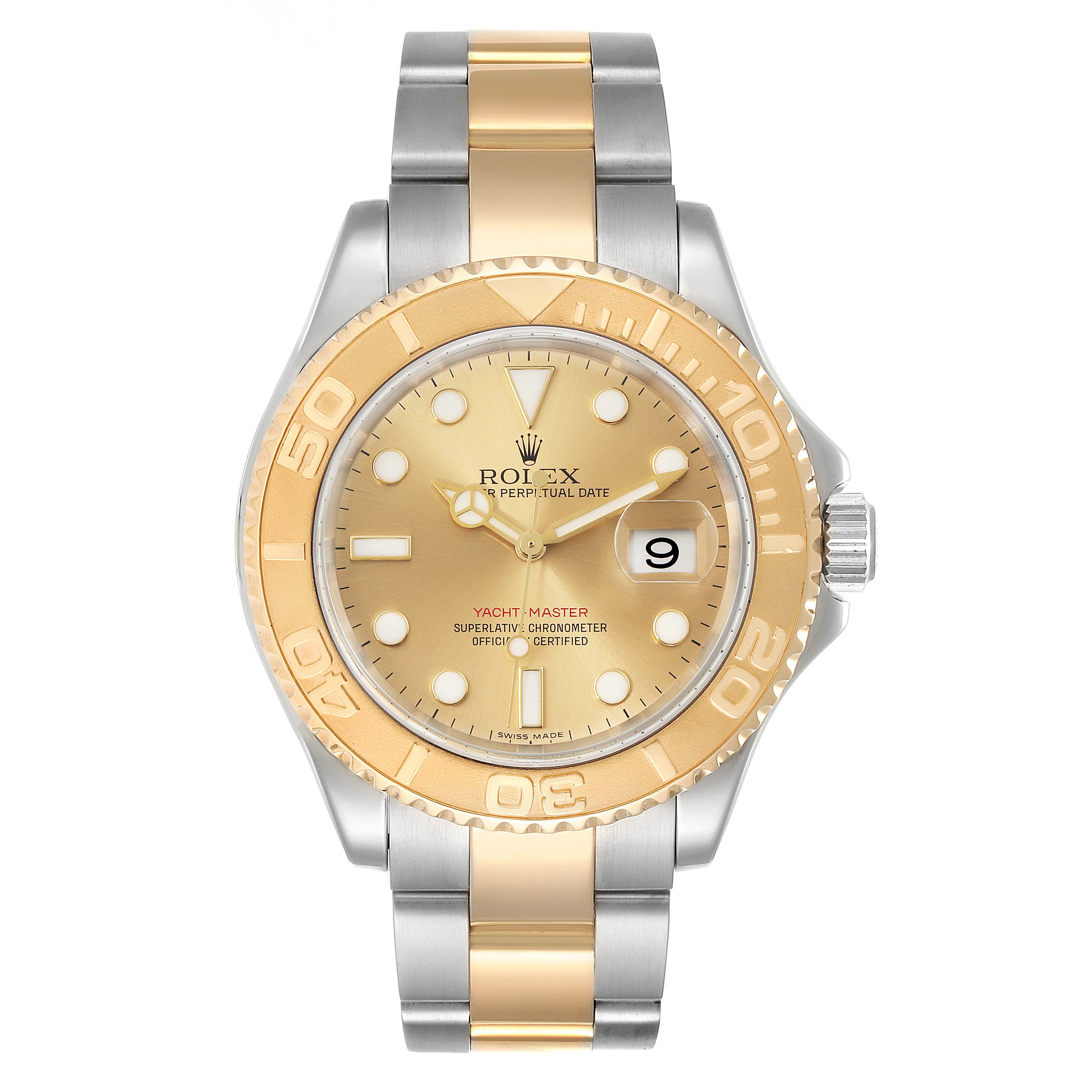 The image shows a frontal view of the Rolex Yacht-Master 16623 Men's Stainless Steel Champagne Dial 16623 Men's Stainless Steel Champagne Dial watch, displaying its dial, bezel, and bracelet.