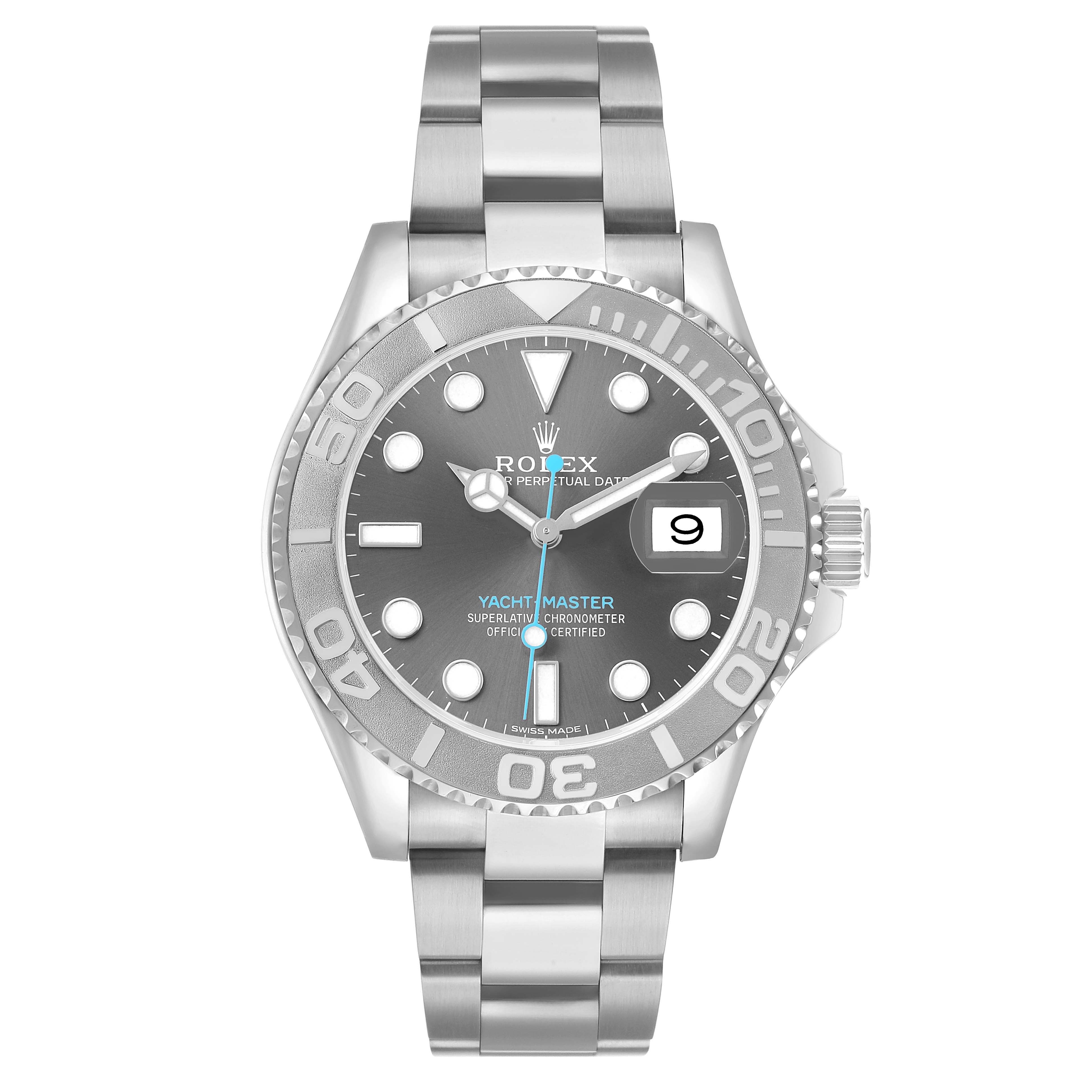 The image shows a Rolex Yacht-Master 116622 Men's Stainless Steel Grey Dial watch from a top-down angle, displaying the face, bezel, bracelet, and crown.
