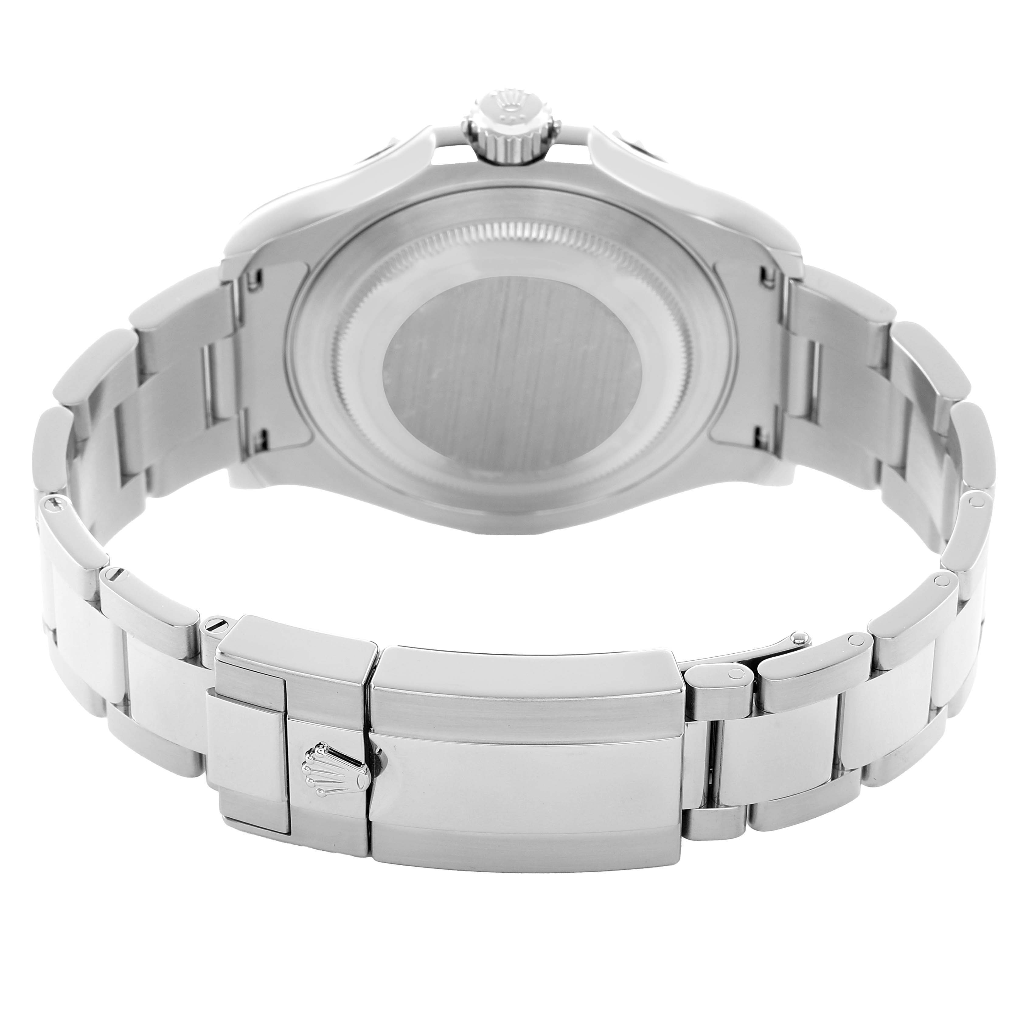 The Rolex Yacht-Master 116622 Men's Stainless Steel Grey Dial watch is shown from the back, highlighting the case back and bracelet clasp.