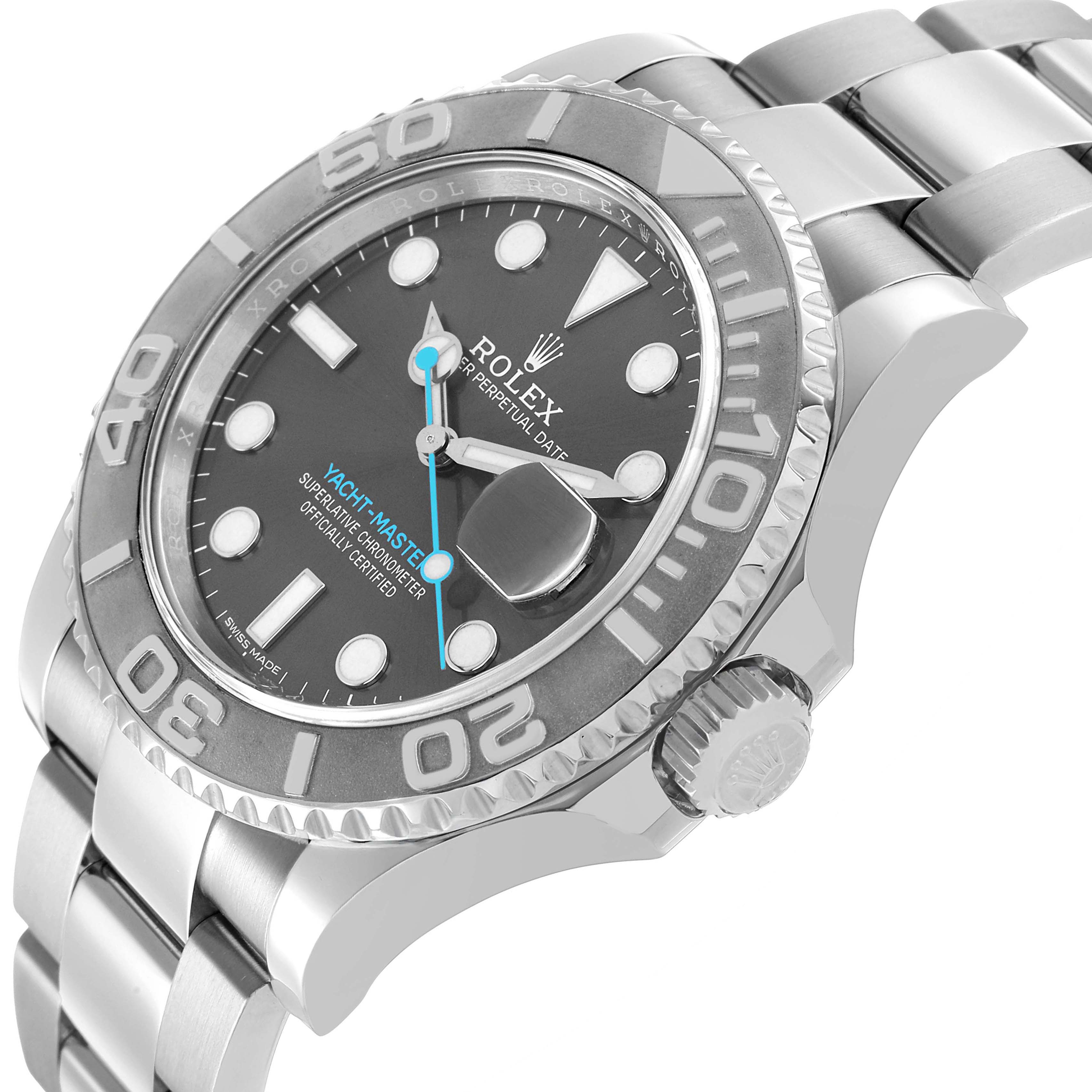 The Rolex Yacht-Master 116622 Men's Stainless Steel Grey Dial is shown at a three-quarter angle, highlighting the bezel, dial, and crown.