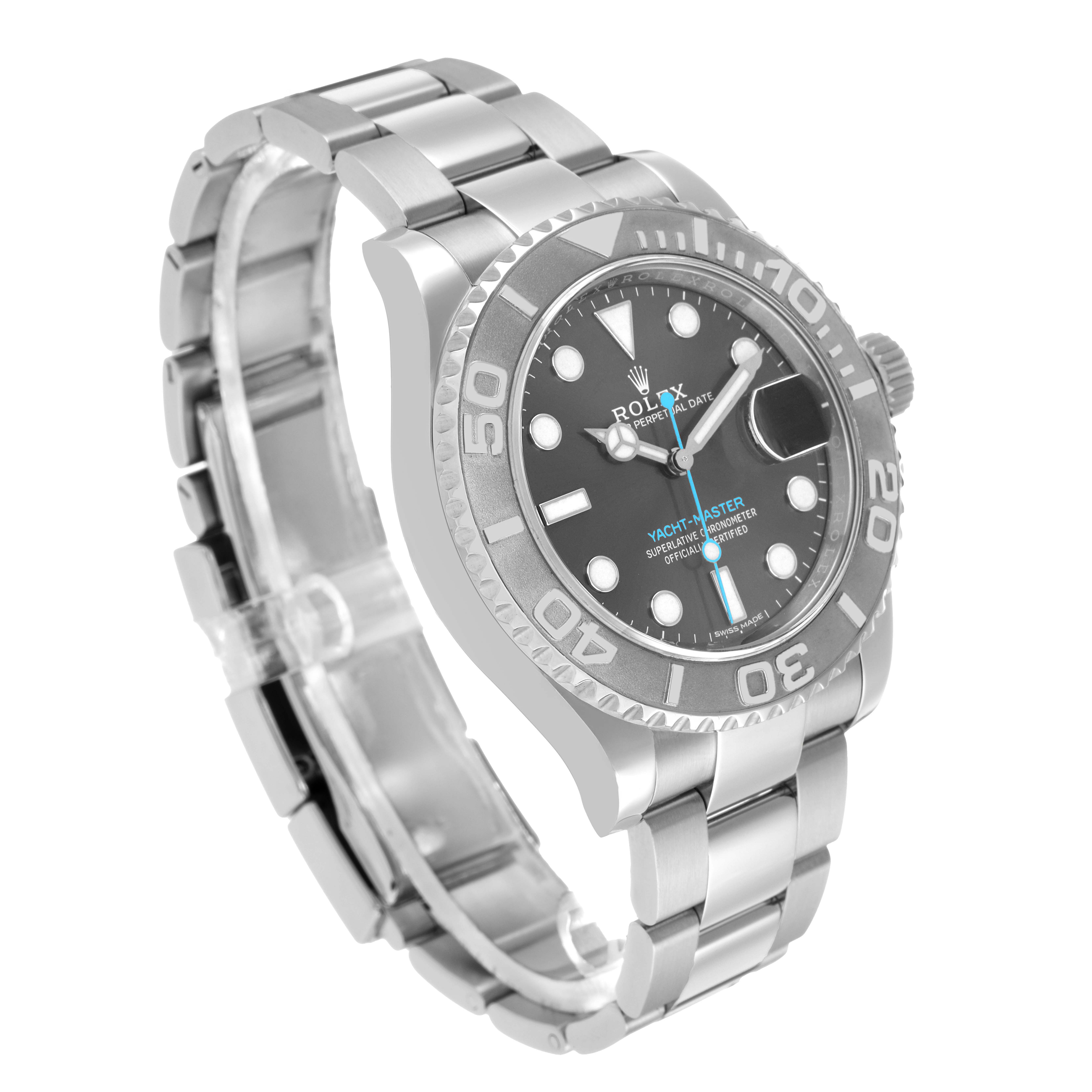The Rolex Yacht-Master 116622 Men's Stainless Steel Grey Dial watch is shown at a three-quarter angle, highlighting the face, bezel, and bracelet.
